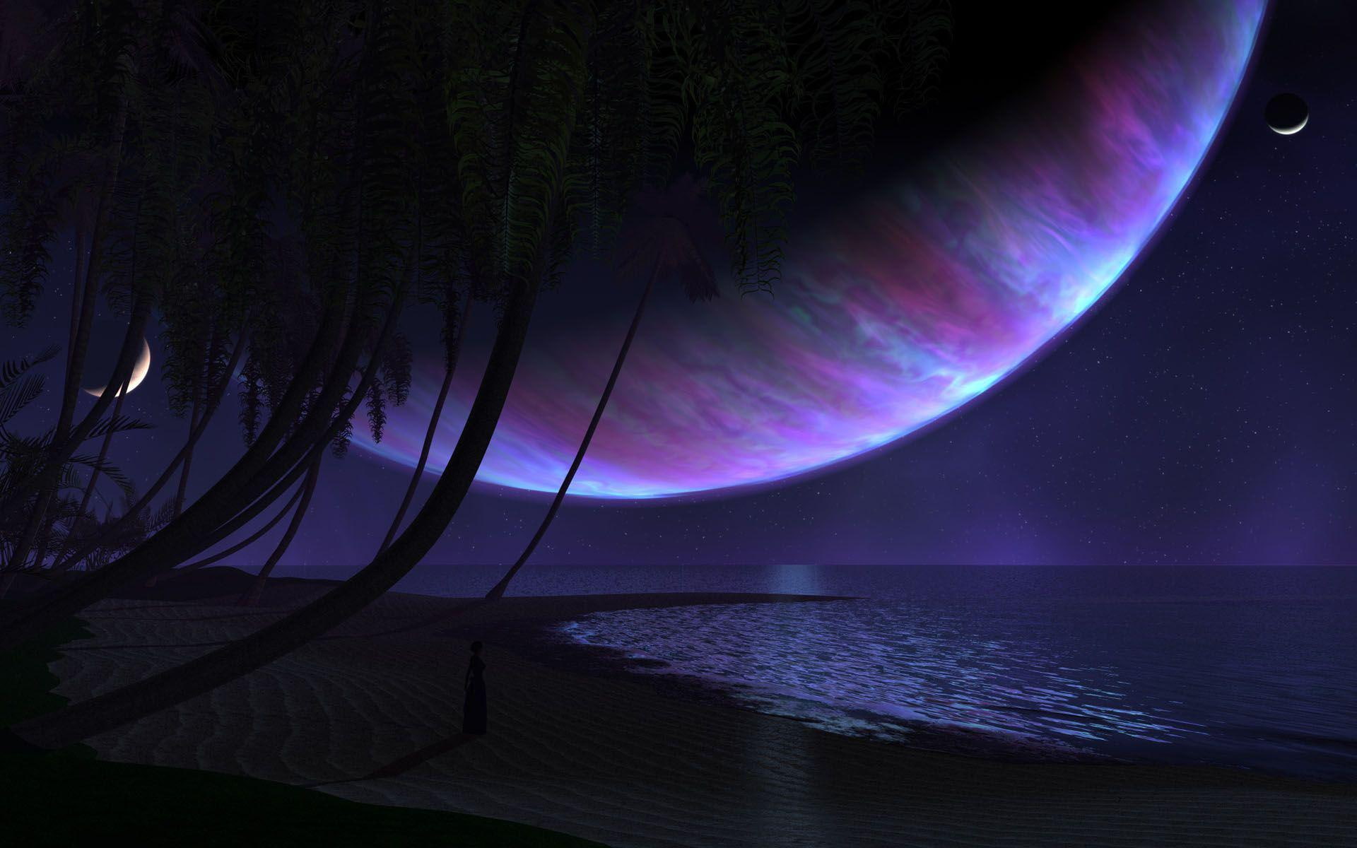 beach, purple, palm, fantasy, sand, body, 1080P, celestial, planet, 1920x1200, HD Wallpaper