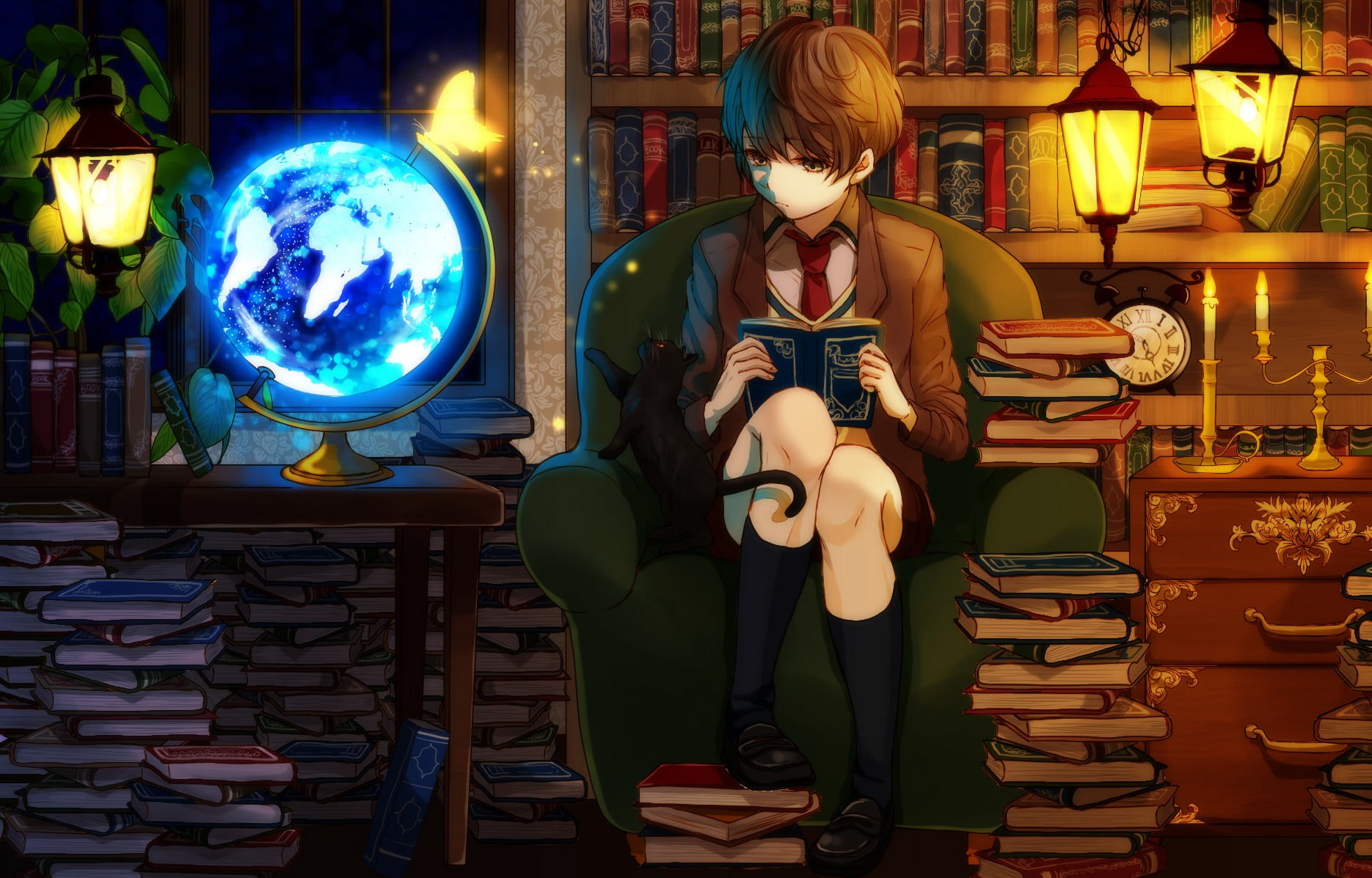 holding, front view, illuminated, real people, 720P, globes, standing, character, anime, indoors, jacket, looking, cat, wearing, brown, electric lamp, HD Wallpaper