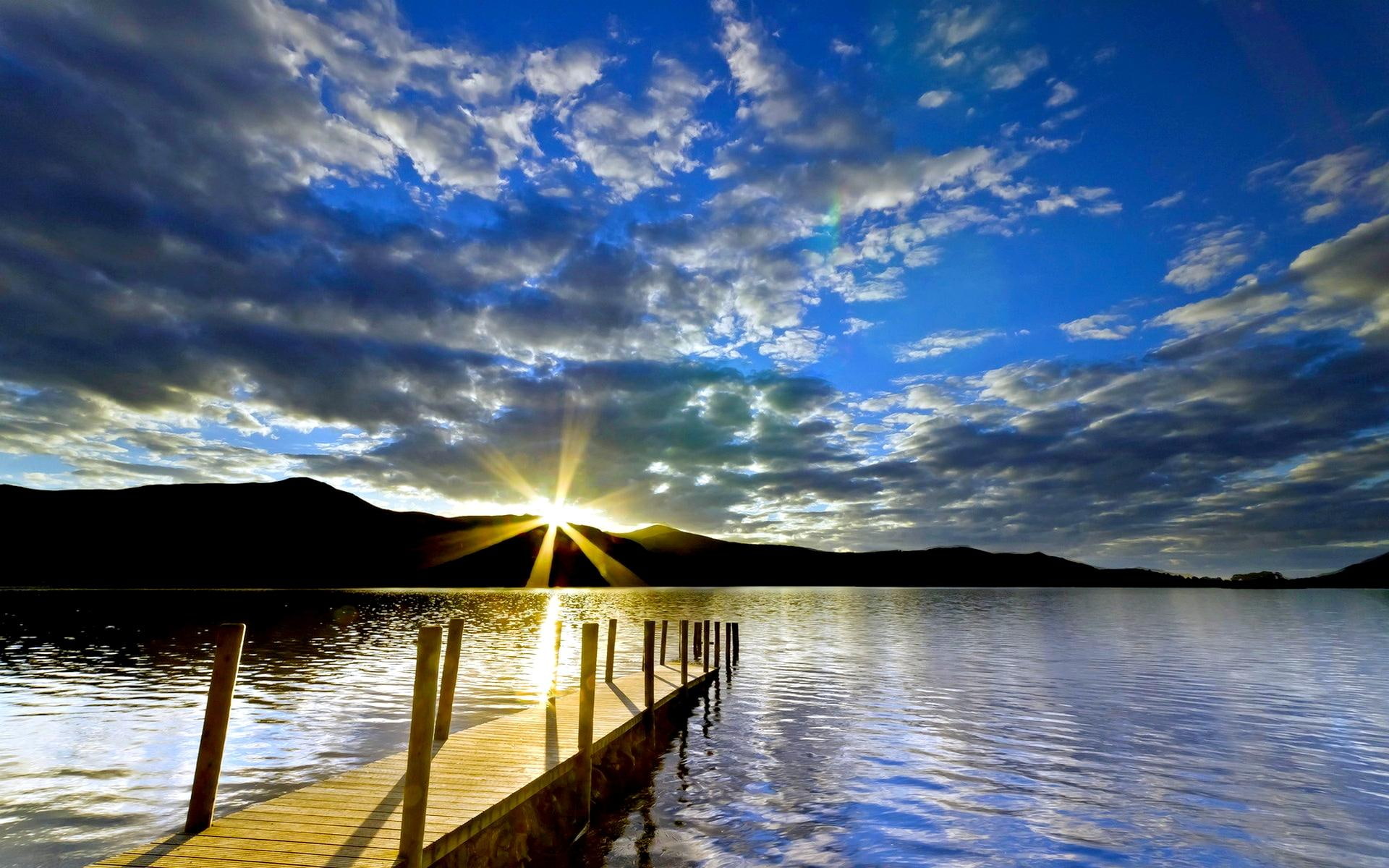 lake, sunshine, nature and landscapes, 1080P, twinkle, clouds, morning, dock, mountain, HD Wallpaper