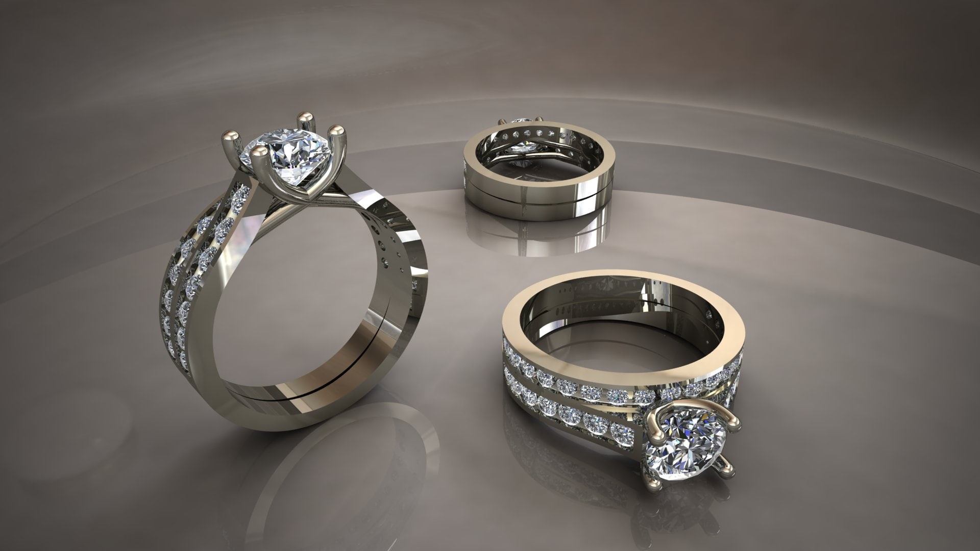 1080P, reflection, twinkling gems, glitter metal, rings, grey background, diamonds, white gold, HD Wallpaper