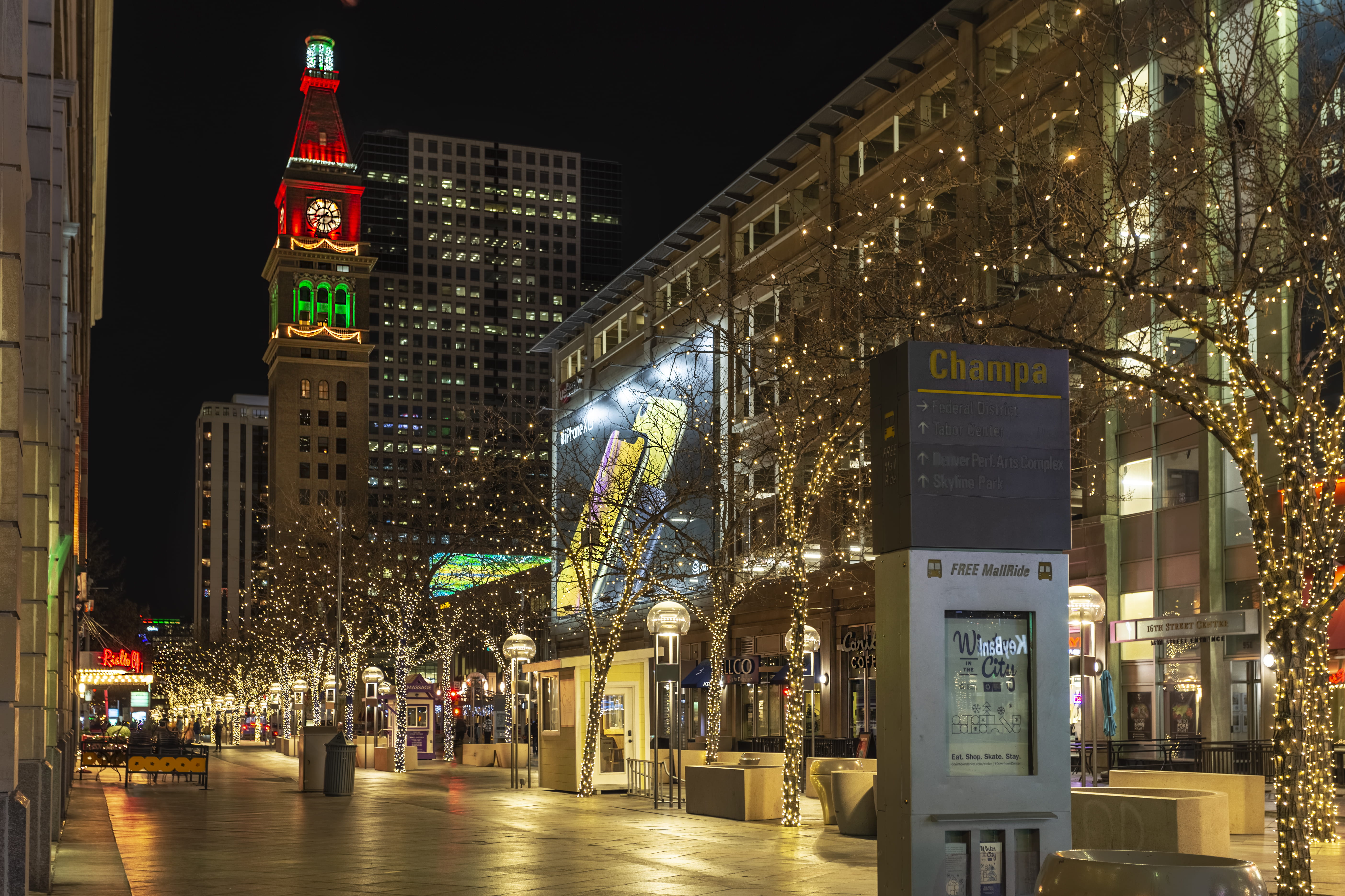 modern, path, metropolis, text, 16th street mall, pedestrian, city life, christmas, tower, the daniels and fisher clocktower, clocktower, usa, clock, illuminated, HD Wallpaper