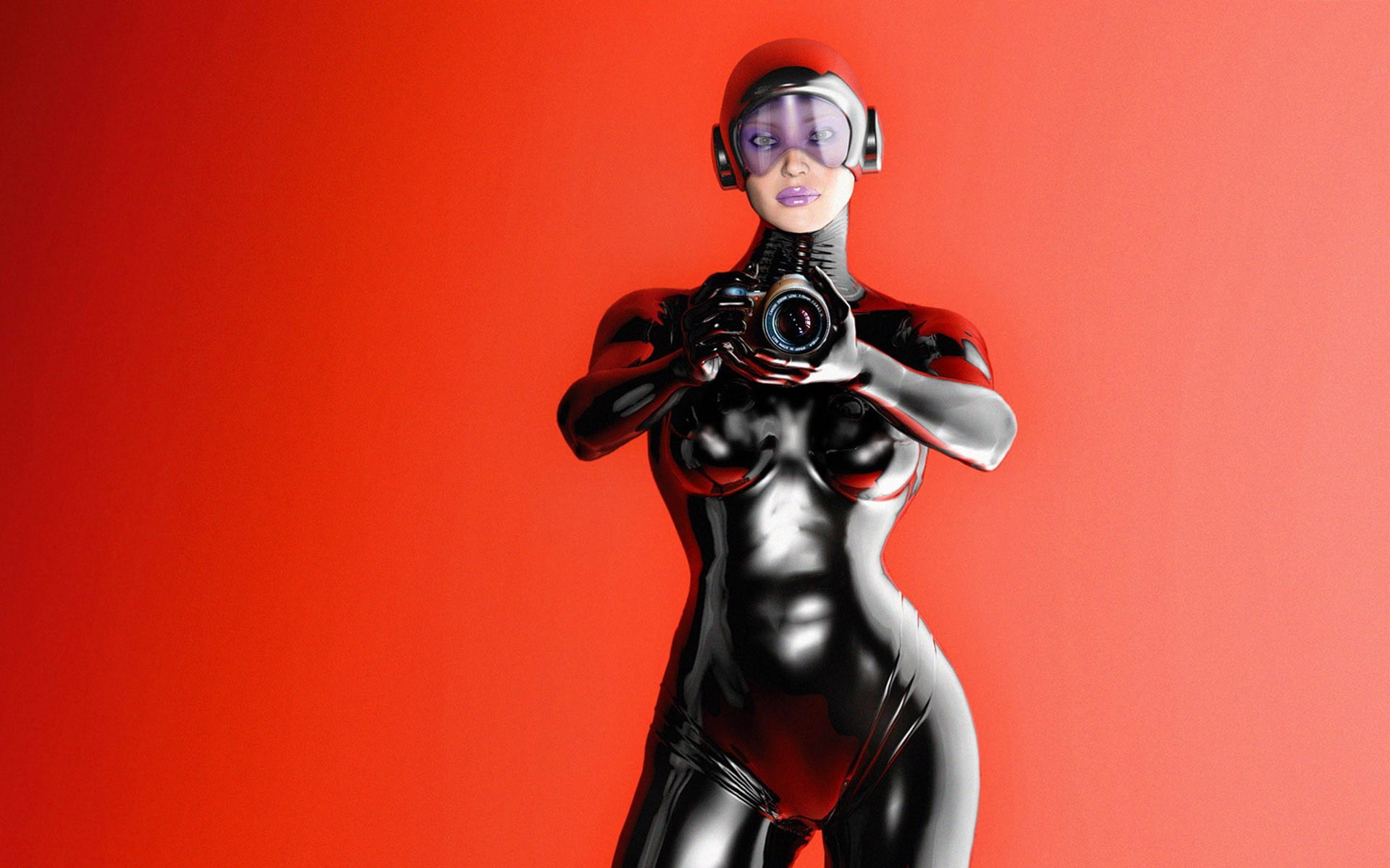 portrait, studio shot, catsuit, female likeness, futuristic, science, technology, representation, indoors, women, human representation, 1080P, latex, red, HD Wallpaper