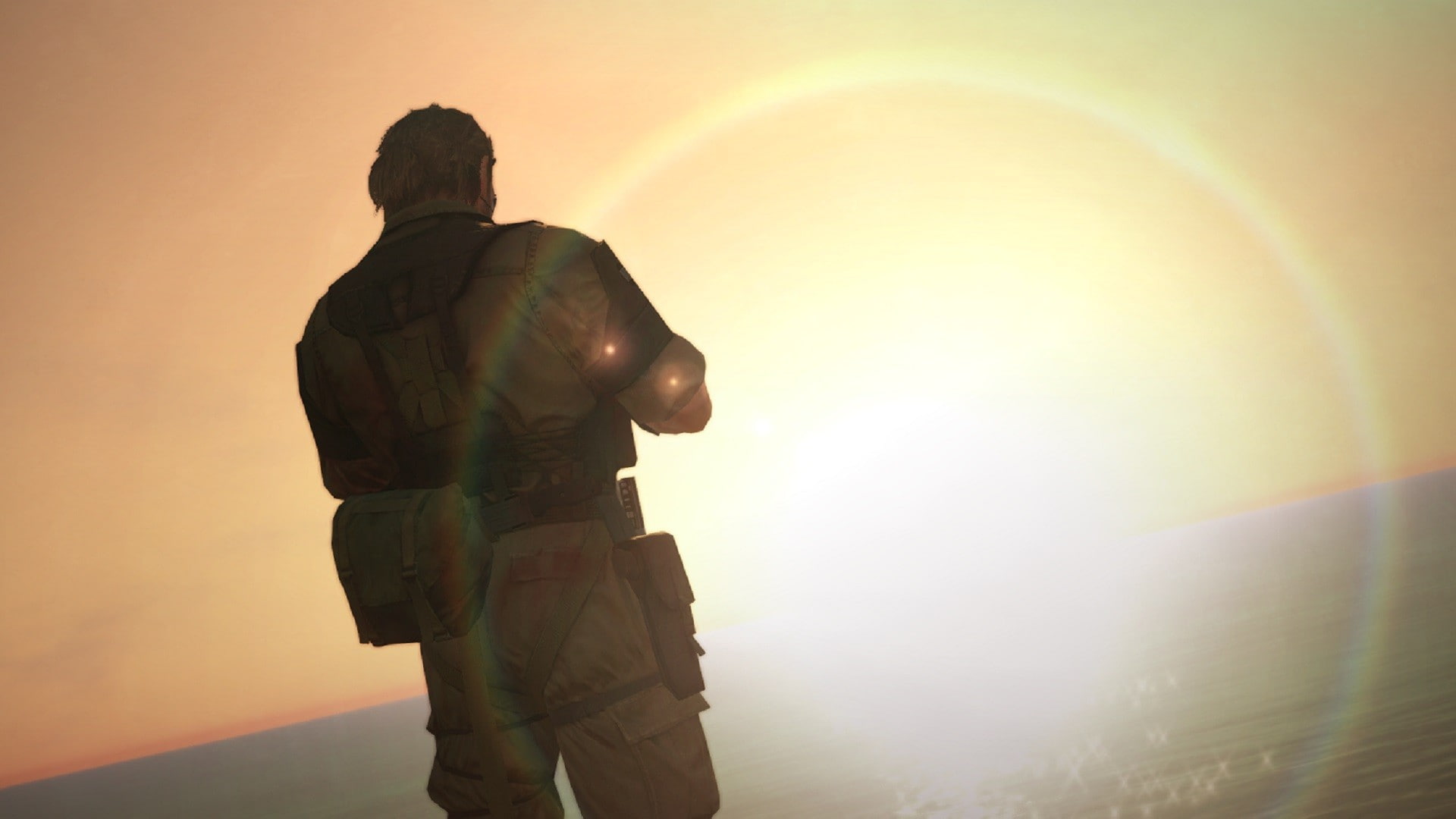 lens flare, uniform, lifestyles, rear view, sunlight, orange color, sun, one person, sky, Metal Gear Solid V: The Phantom Pain, sunset, real people, silhouette, HD Wallpaper