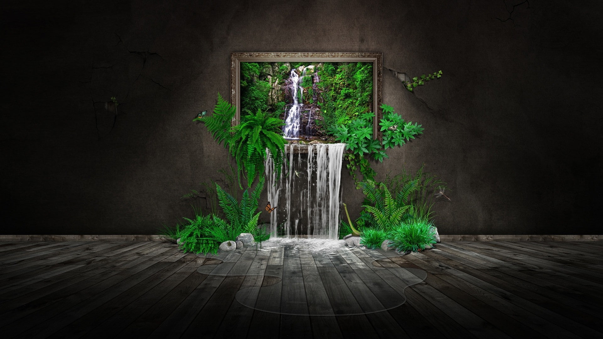 water, trees, stones, picture frames, wooden surface, waterfall, digital art, butterfly, puddle, 1080P, ferns, minimalism, nature, wall, CGI, leaves, rock, HD Wallpaper