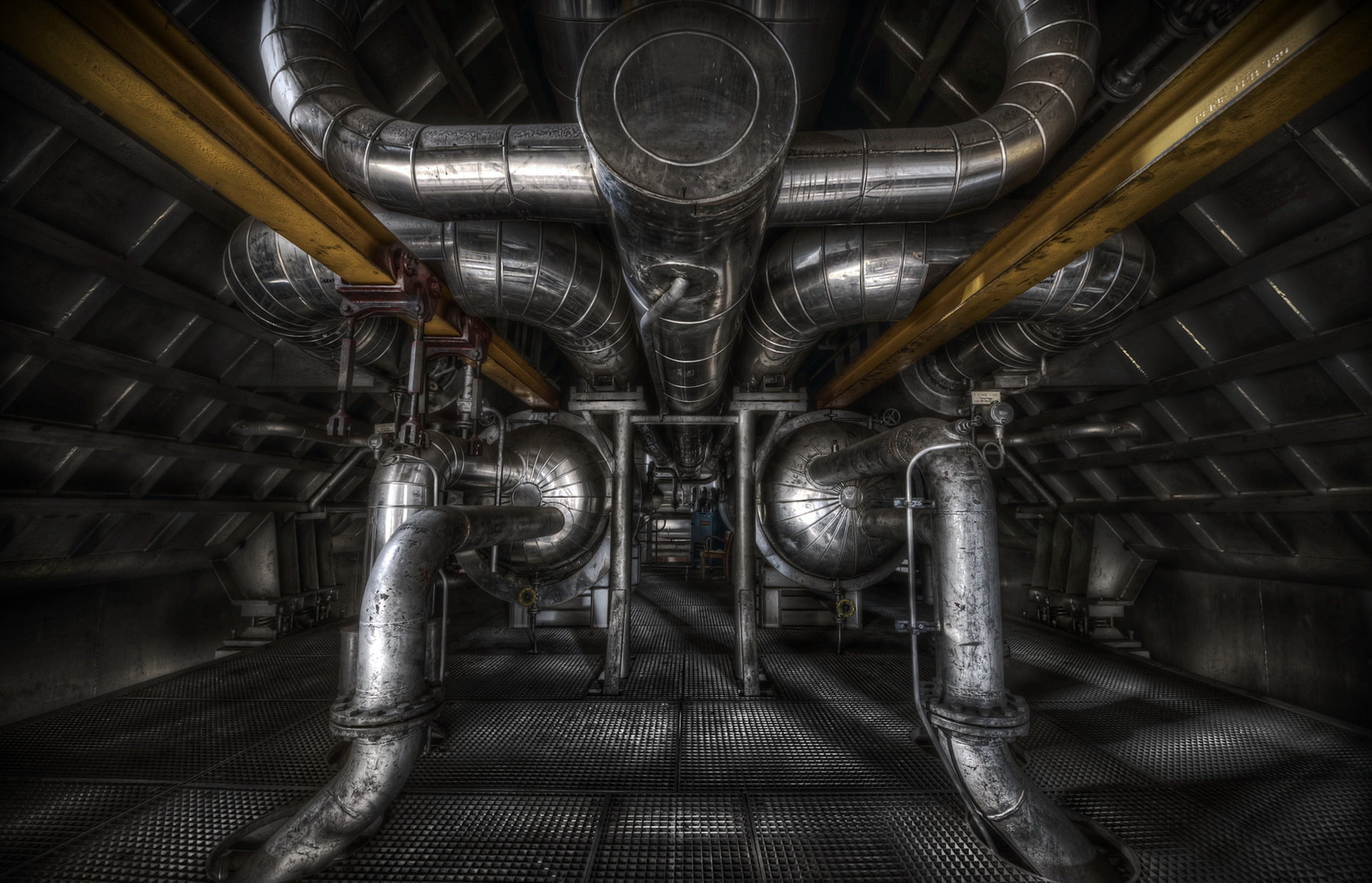 connection, absence, low angle view, pipes, 1080P, metal, pipe - tube, industrial, illuminated, ceiling, pipeline, close-up, industry, factory, equipment, HD Wallpaper