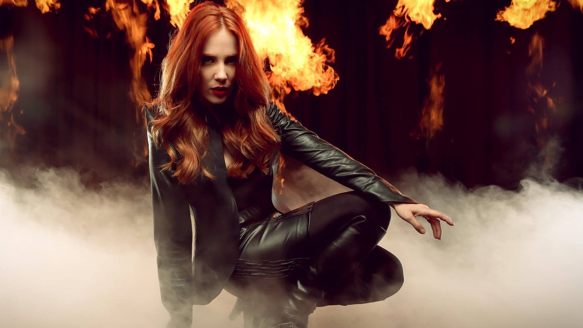 young adult, fire, smoke, symphonic metal, heavy metal, sign, warning sign, squatting, metalheads, 1080P, front view, portrait, beauty, looking at viewer, HD Wallpaper