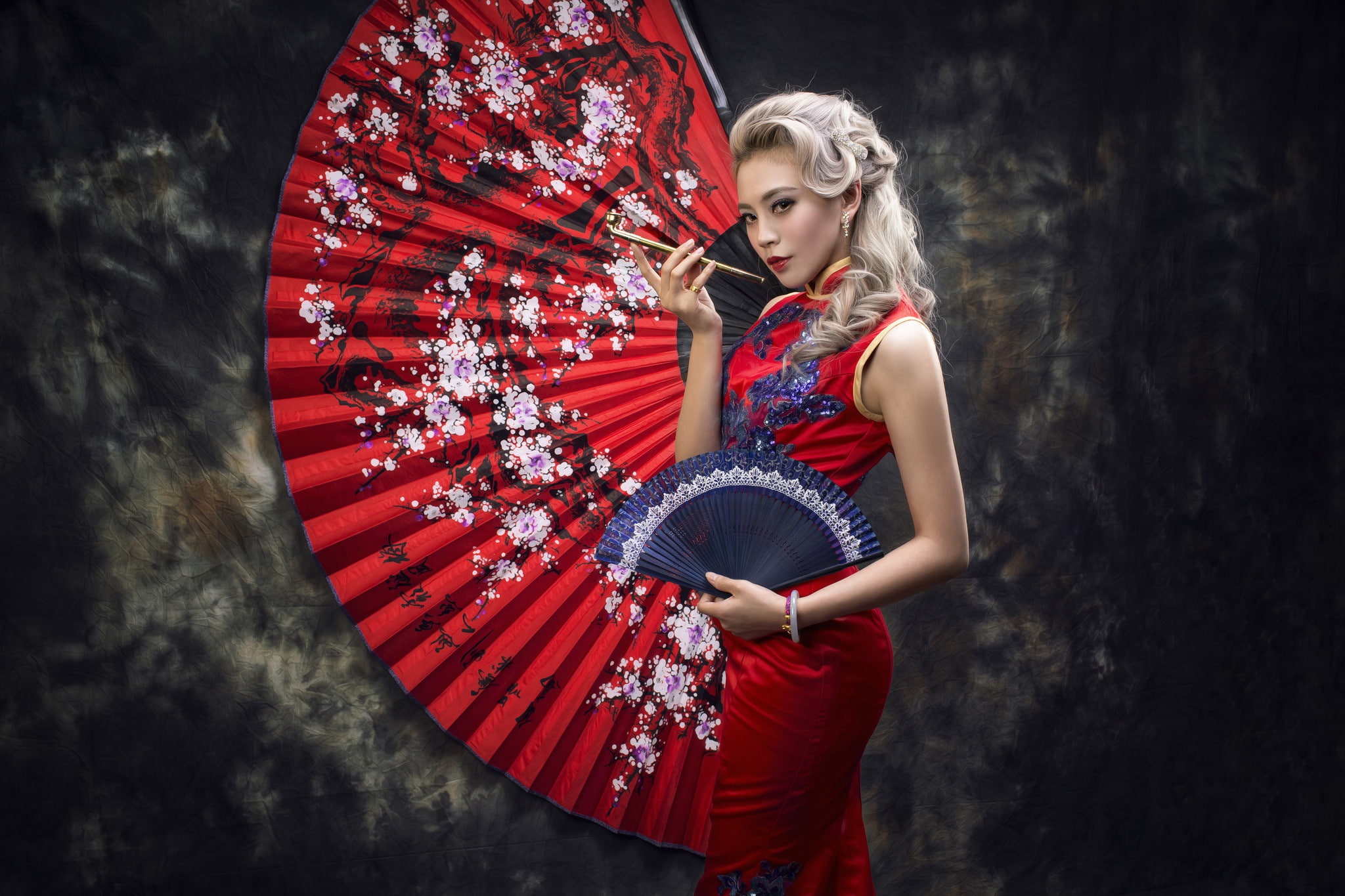 fan, girl, style, kiseru, red dress, 1080P, background, Asian, dress, Smoking pipe, HD Wallpaper