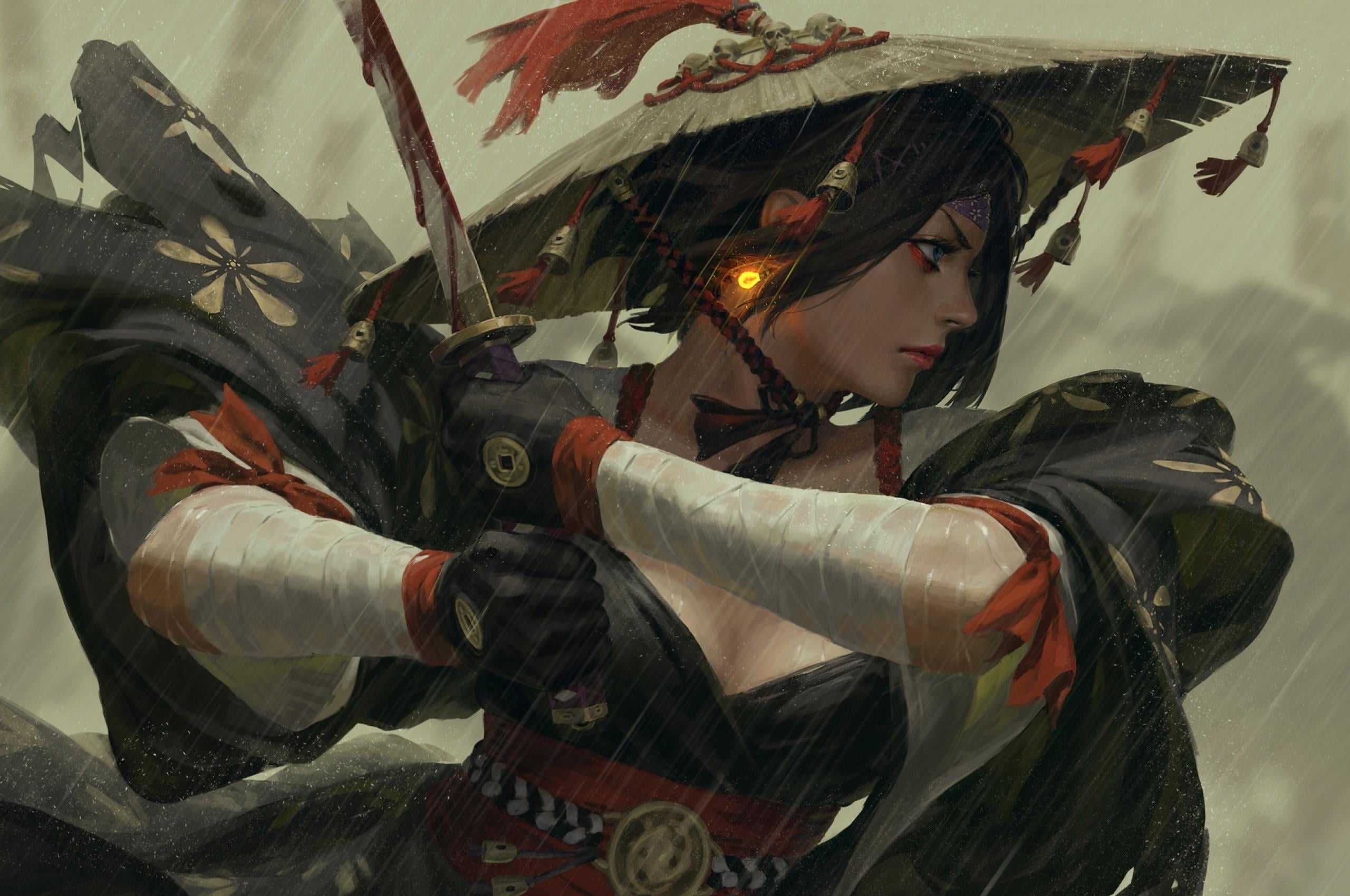 artwork, fantasy art, sword, katana, fantasy girl, samurai, 2K, women, HD Wallpaper