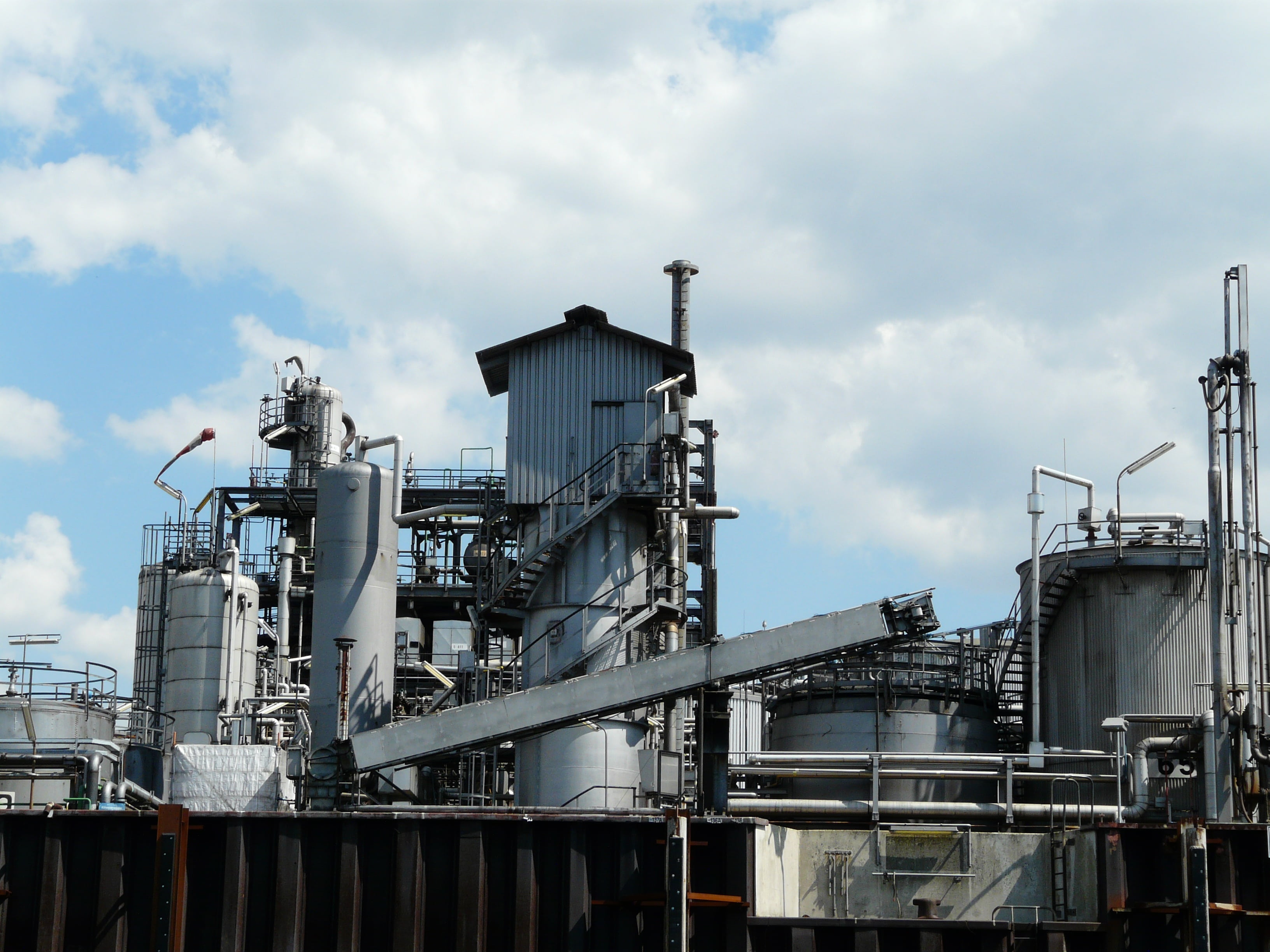 sky, industrial plant, environmental issues, building exterior, metal, pipe - tube, fuel and Power Generation, factory, day, 2K, steel, low angle view, HD Wallpaper