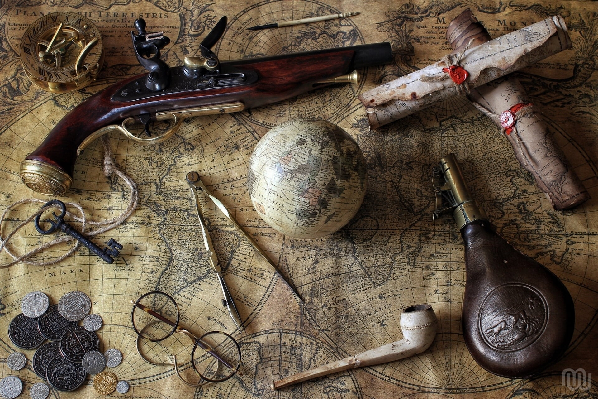 wood - material, art and craft, gray, smoking, variation, still life, globe, old, work tool, art and craft equipment, coins, key, hand tool, indoors, gun, HD Wallpaper