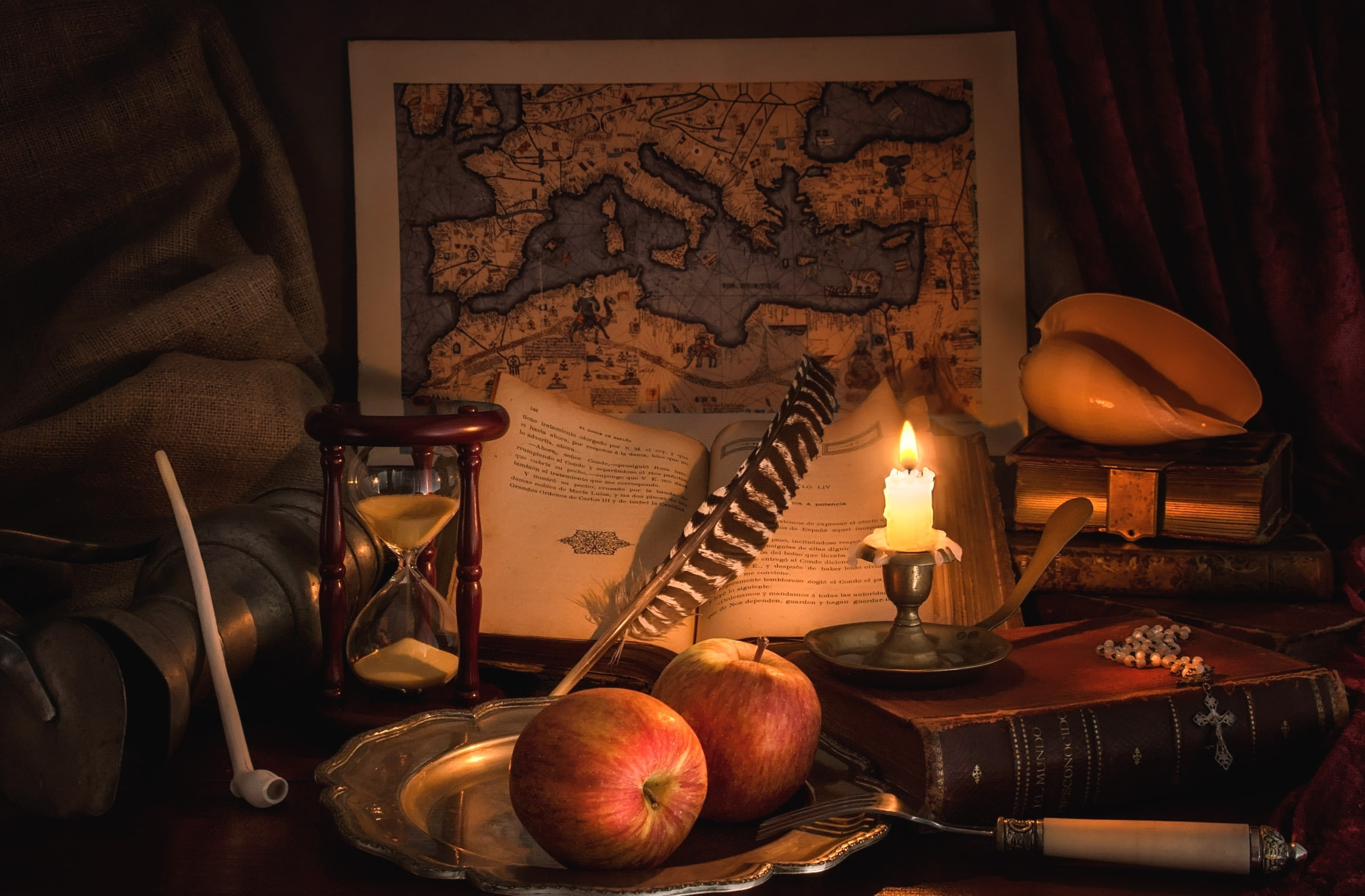 red, candle, tube, pen, still life, shell, hourglass, books, 1080P, apples, two, map, HD Wallpaper