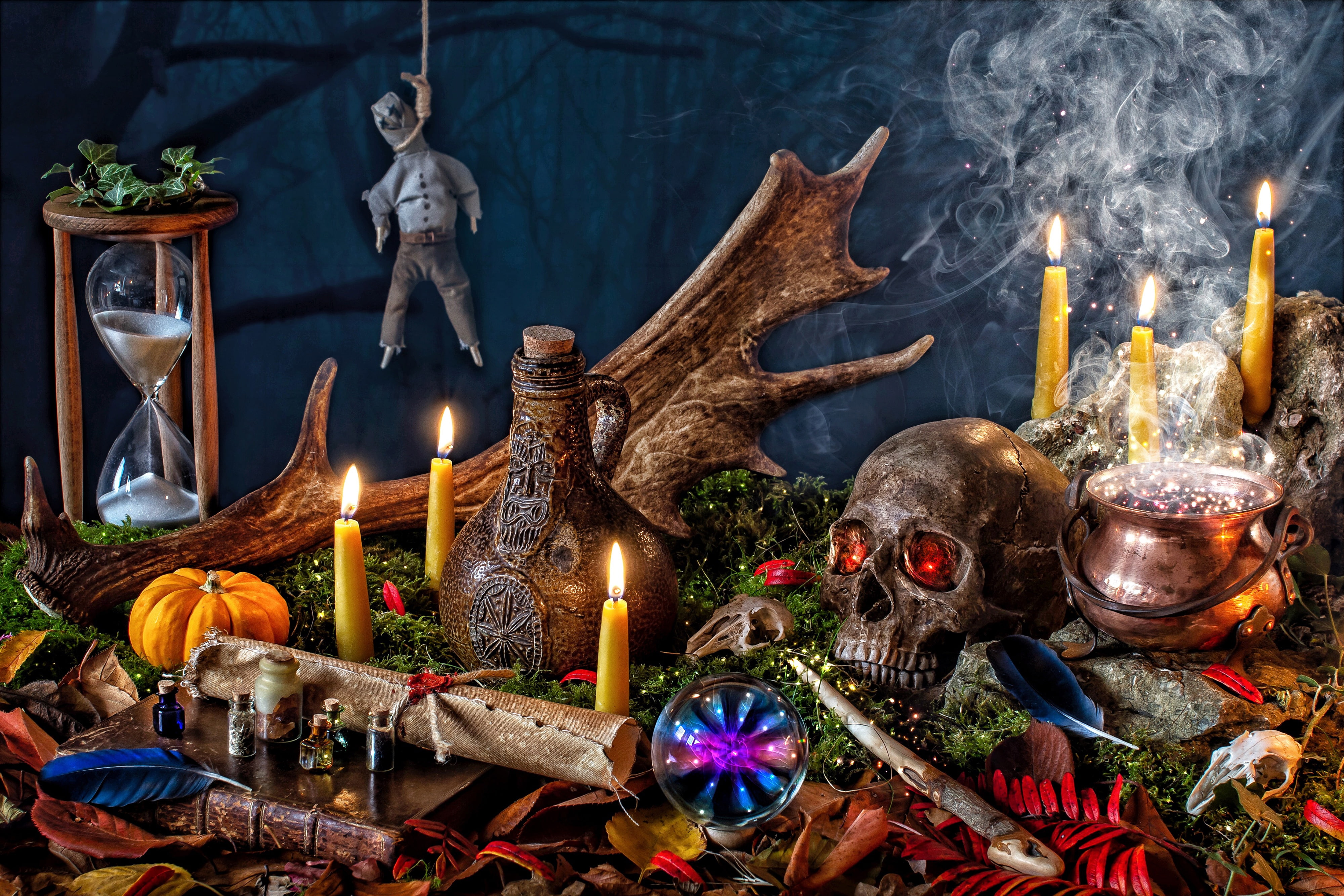 bowler, bottle, bubbles, hourglass, horn, candles, feathers, ball, skull, 4K, book, doll, Halloween, magic, witchcraft, leaves, letter, HD Wallpaper