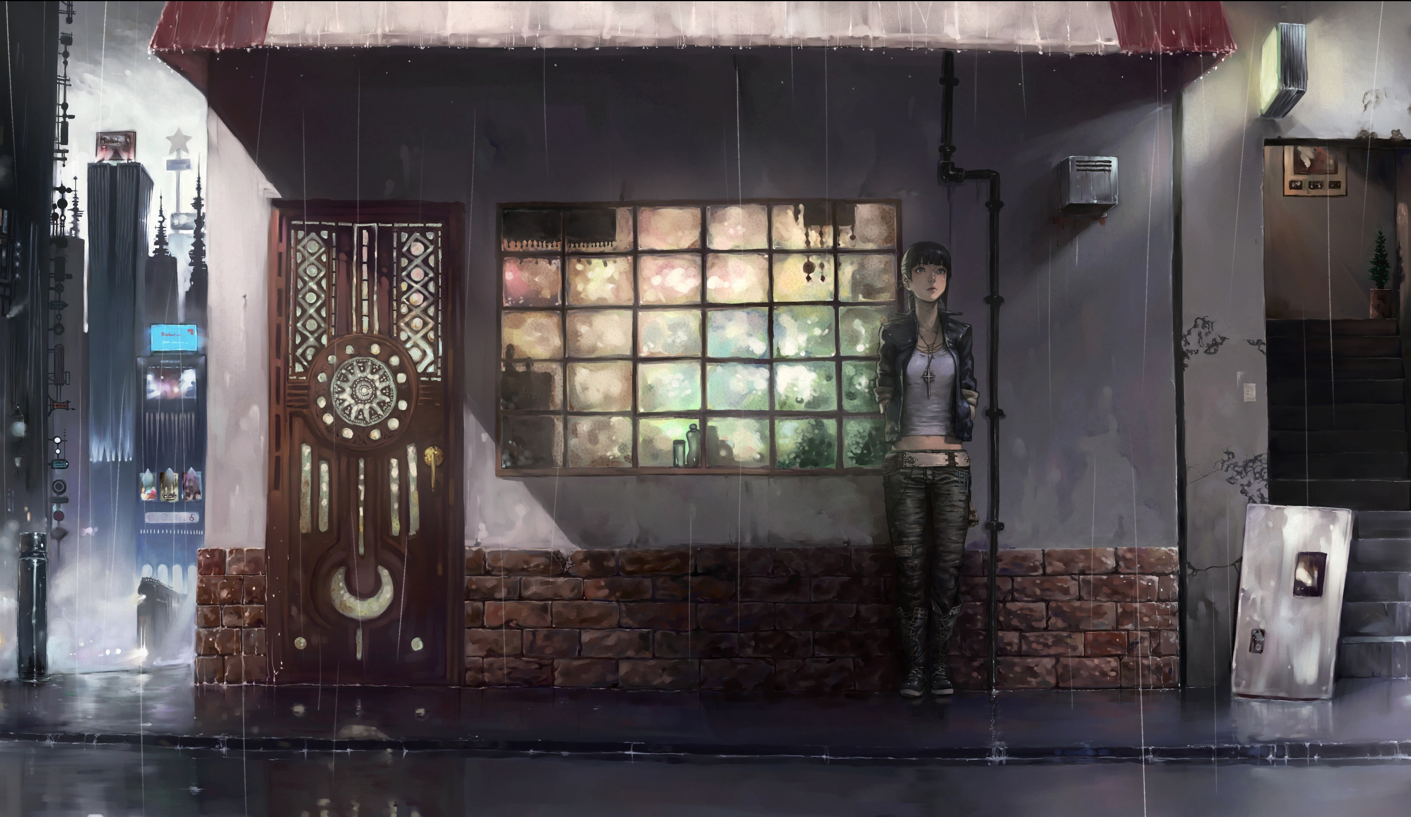 lighting equipment, large group of objects, anime girls, bricks, indoors, illuminated, door, industry, business, original characters, sunlight, pipes, metal, HD Wallpaper