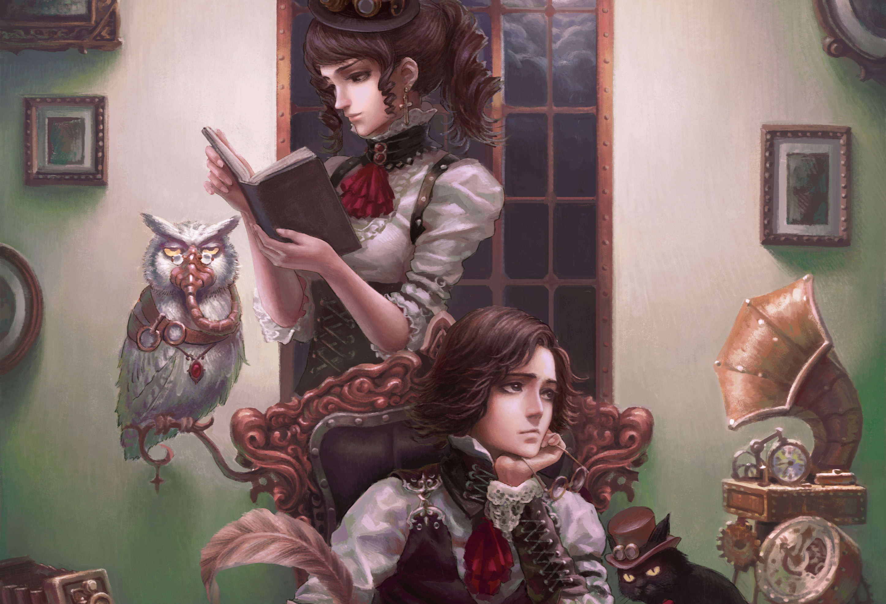 steampunk, book, cat, pictures, gramophone, guy, girl, owl, 2K, HD Wallpaper