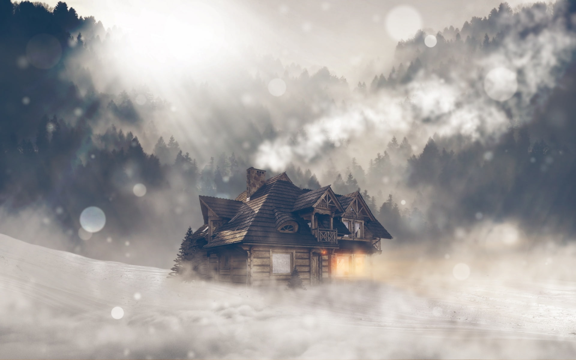 mist, wood, nature, lights, forest, digital art, 1080P, snow, landscape, Photoshop, trees, bokeh, lens flare, sun rays, cabin, winter, HD Wallpaper