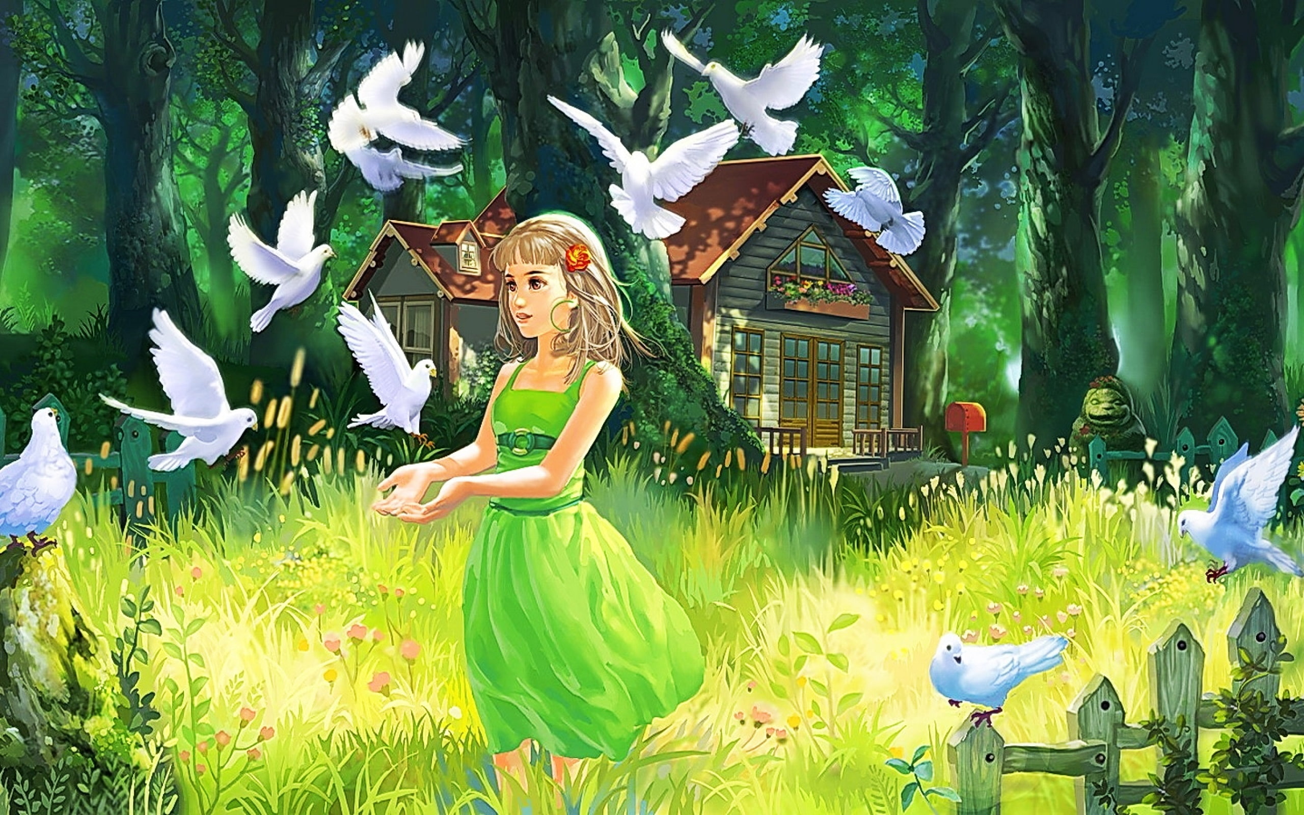 people, happiness, the fence, small, summer, one person, illustration, flowering plant, fantasy, nature, representation, 2K, green color, lifestyles, backgrounds, HD Wallpaper