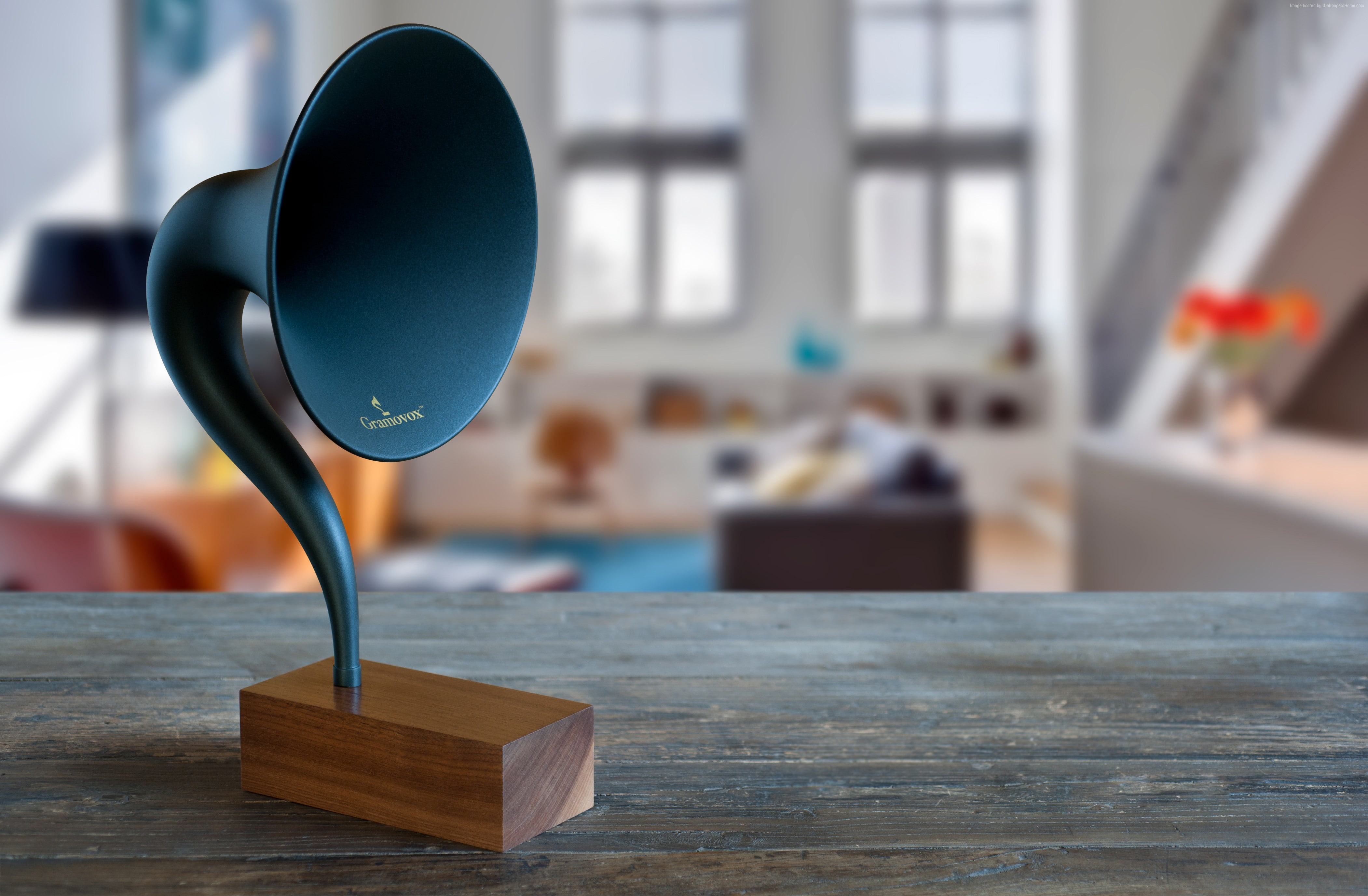 gramophone, still life, Gramovox, microphone, room, bluetooth, furniture, education, blue, 4K, close-up, creativity, business, wood - material, sound, HD Wallpaper