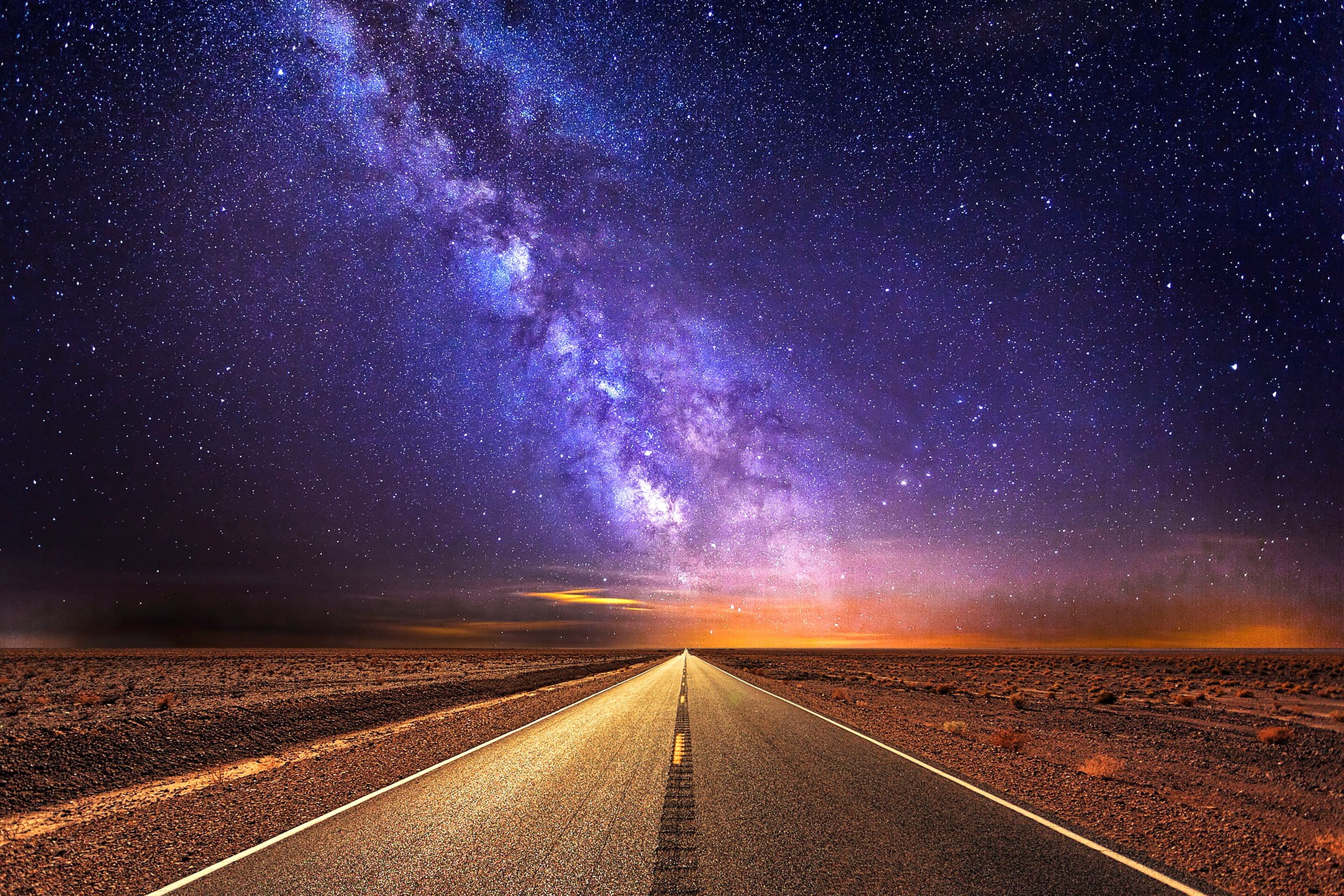 vanishing point, travel, star, vacations, 2K, astronomy, land, away, landscape, direction, the way forward, road, highway, space and astronomy, milky way, HD Wallpaper