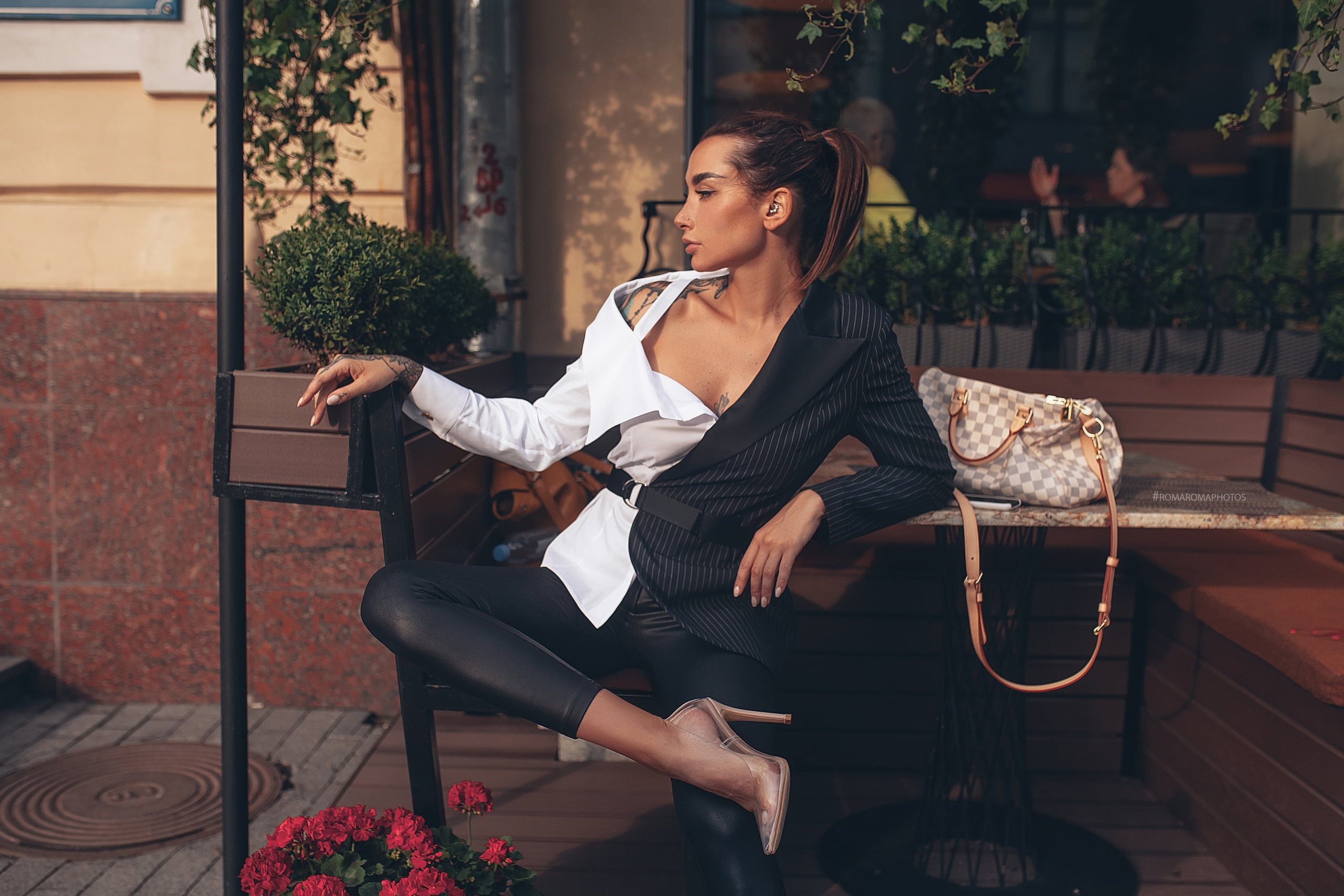 beautiful woman, plant, contemplation, one person, seat, sitting, Angelica Anderson, leisure activity, looking, real people, looking away, women, 2K, high heels, HD Wallpaper