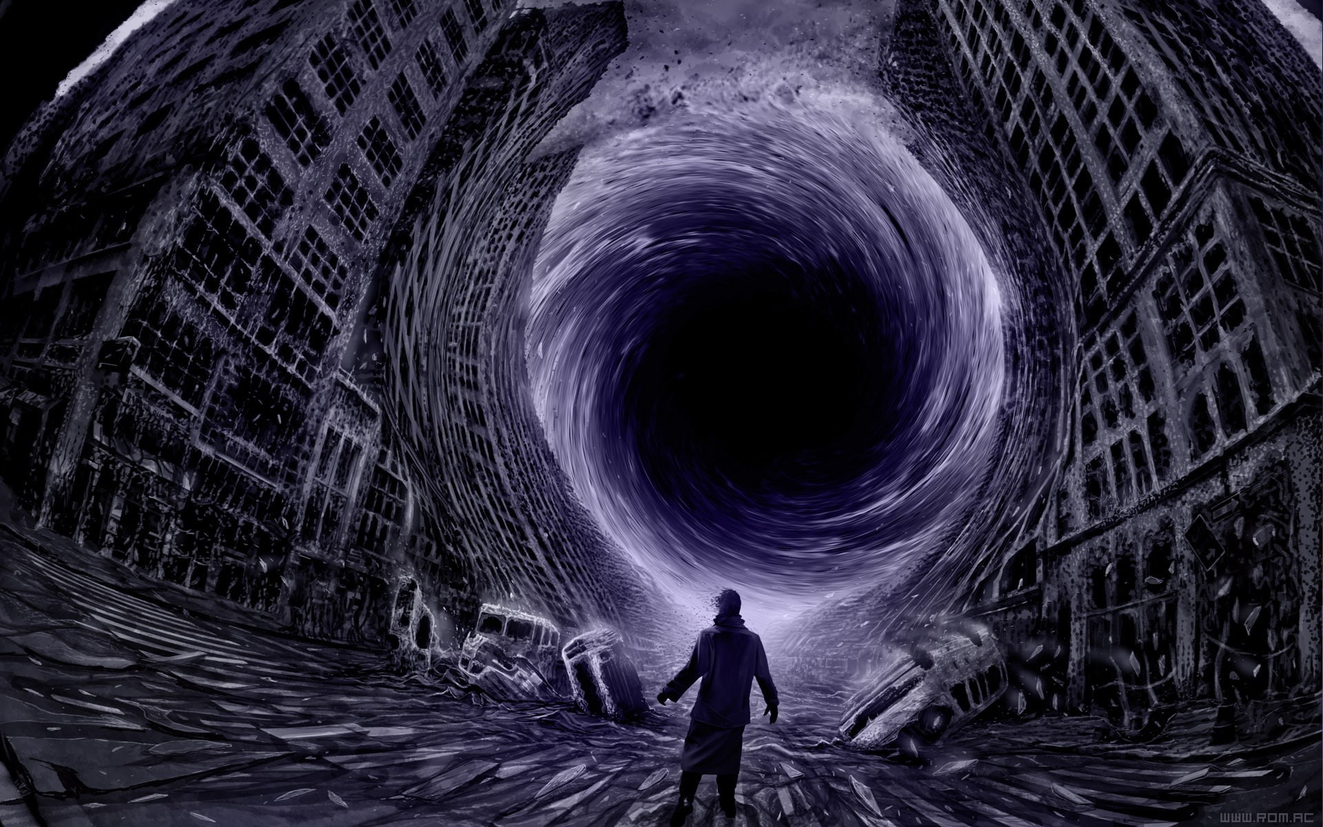 skyscraper, 1080P, warp, digital art, Romantically Apocalyptic, black holes, surreal, Vitaly S Alexius, HD Wallpaper