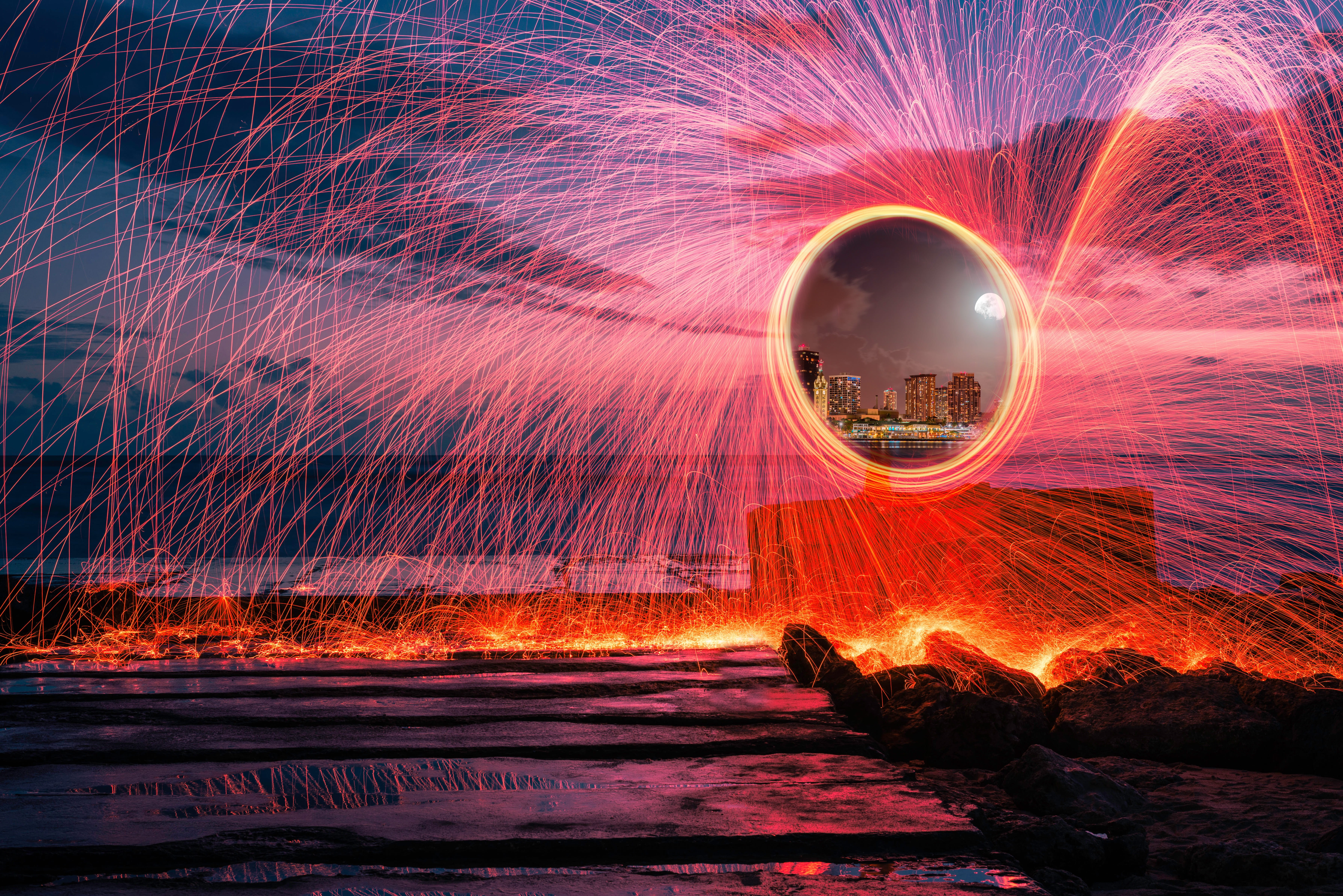 water, sparks, burning, transport, blurred motion, outdoors, speed, teleport, no people, illuminated, night, 5K, firework, spinning, nature, glowing, long exposure, HD Wallpaper