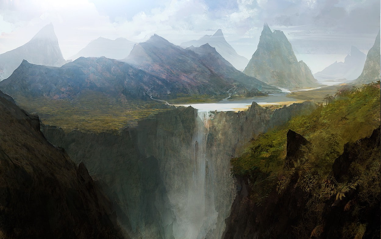 water, rock formation, mountain, environment, mountain peak, Concept Art, no people, day, waterfall, beauty in nature, idyllic, landscape, sky, rock - object, HD Wallpaper