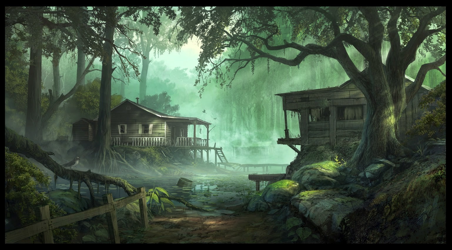 auto post production filter, artwork, digital art, plant, forest, day, building, tree, house, no people, tree trunk, built structure, Swamp, trunk, architecture, HD Wallpaper