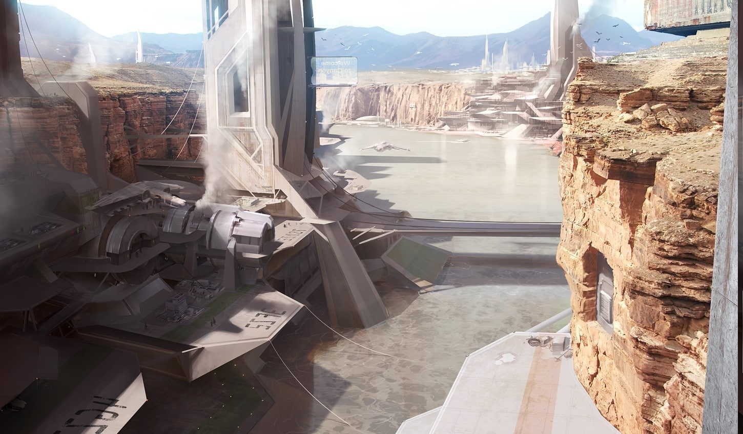 sunlight, window, architecture, river, no people, andree wallin canyon space port artwork fantasy art digital art concept art, built structure, scenics - nature, HD Wallpaper