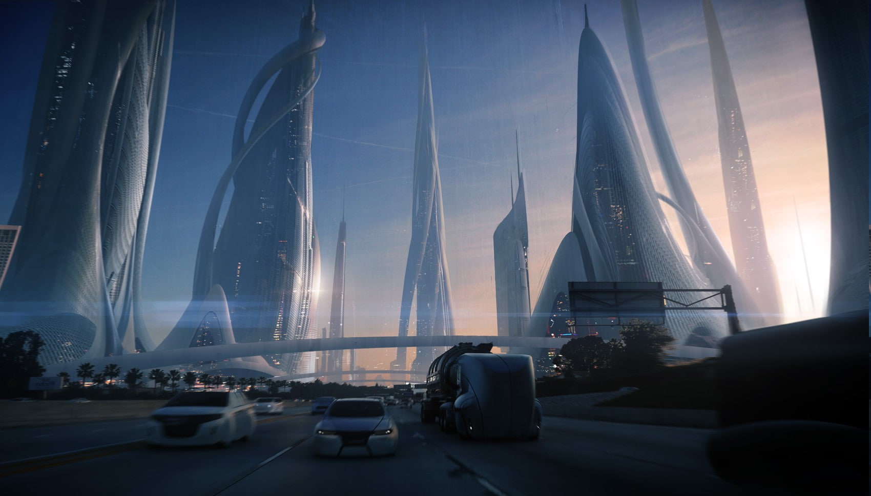 built structure, Skyscraper, no people, sunlight, road, fantasy Art, Andree Wallin, artwork, Cityscape, mode of transportation, city, building, sky, land vehicle, HD Wallpaper