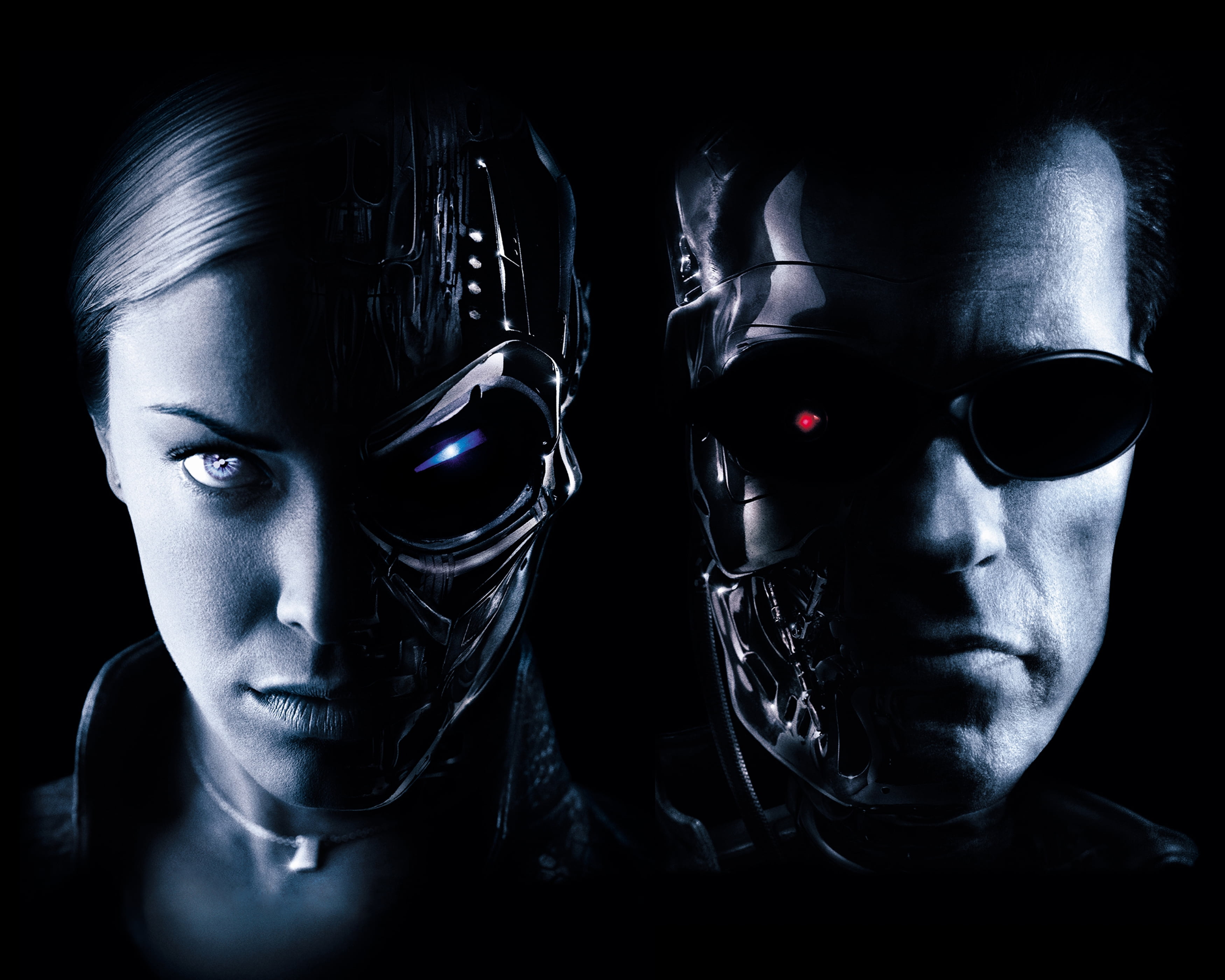 looking at camera, black background, human body part, 2K, aggression, machine, Sci-Fi, Terminator 3, people, Robot, black color, Machines, two people, HD Wallpaper