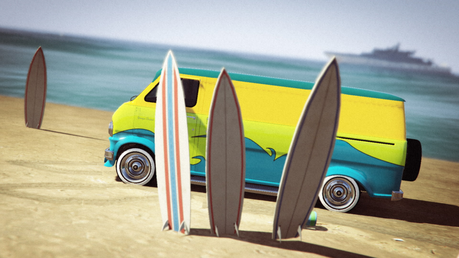 vehicle, 1080P, nature, surfboards, no people, outdoors, water, Grand Theft Auto Online, close-up, sea, Grand Theft Auto V, vans, focus on foreground, HD Wallpaper
