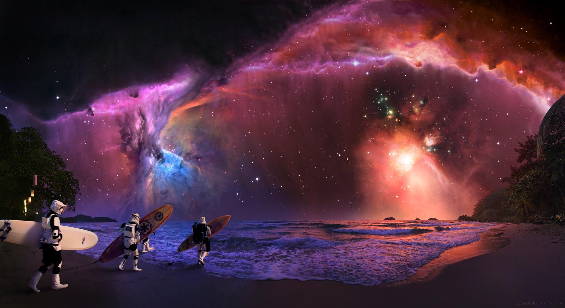 1080P, digital art, humor, surfboards, space art, Star Wars, beach, space, HD Wallpaper