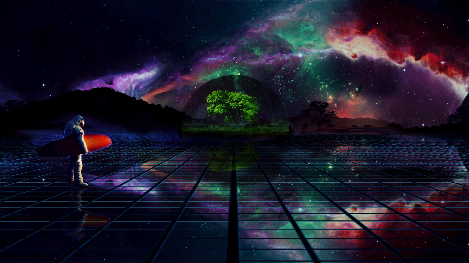 photo manipulation, astronomy, tranquility, night, trees, water, tranquil scene, reflection, digital composite, surfboards, galaxy, star - space, scenics - nature, HD Wallpaper