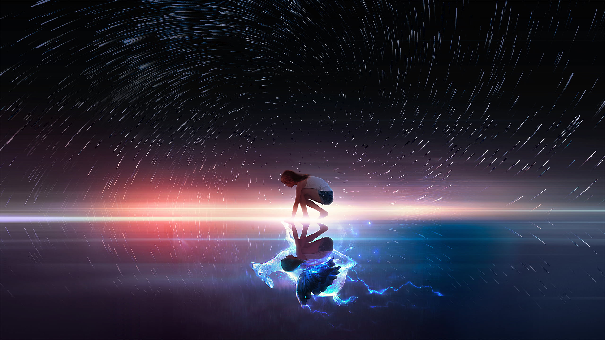 t1na, angel, deer, digital art, 2K, reflection, fantasy art, women, HD Wallpaper