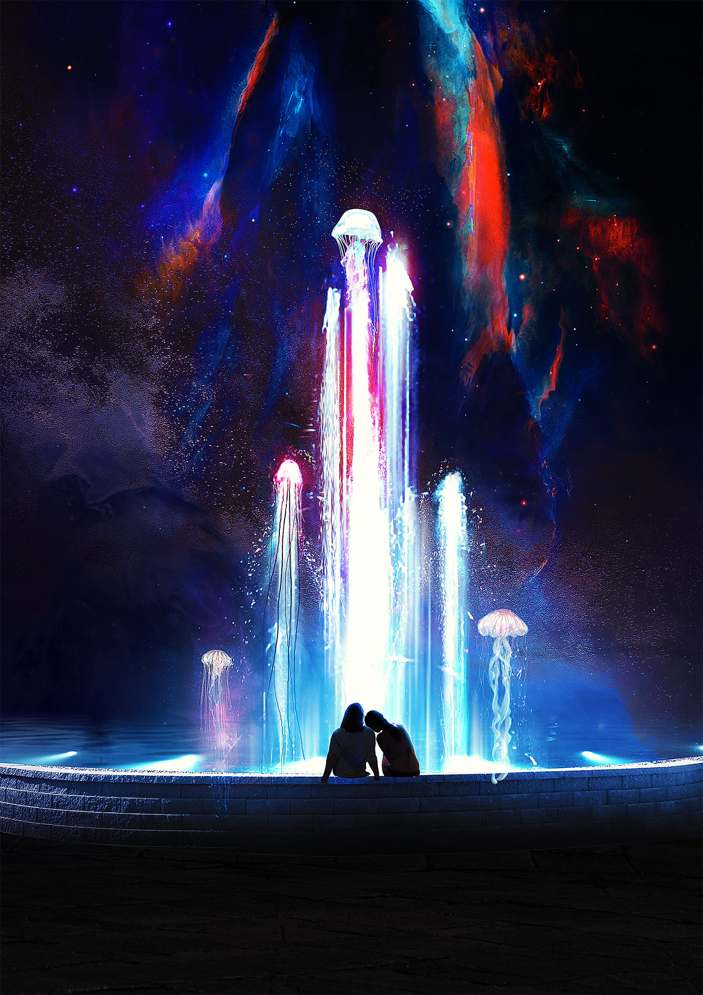 jellyfish, digital art, women, 1080P, space, stars, fountain, t1na, Phone HD Wallpaper