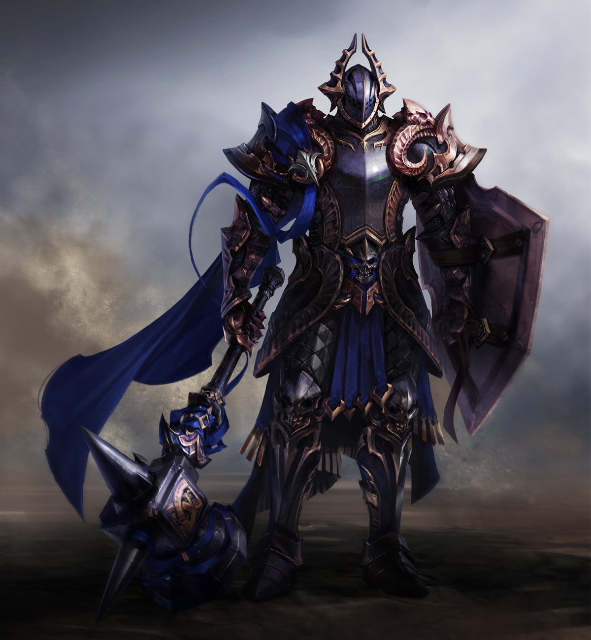 weapon, steel, men, shield, cape, mace, mist, 720P, spikes, helmet, drawing, dark, armor, horns, Phone HD Wallpaper