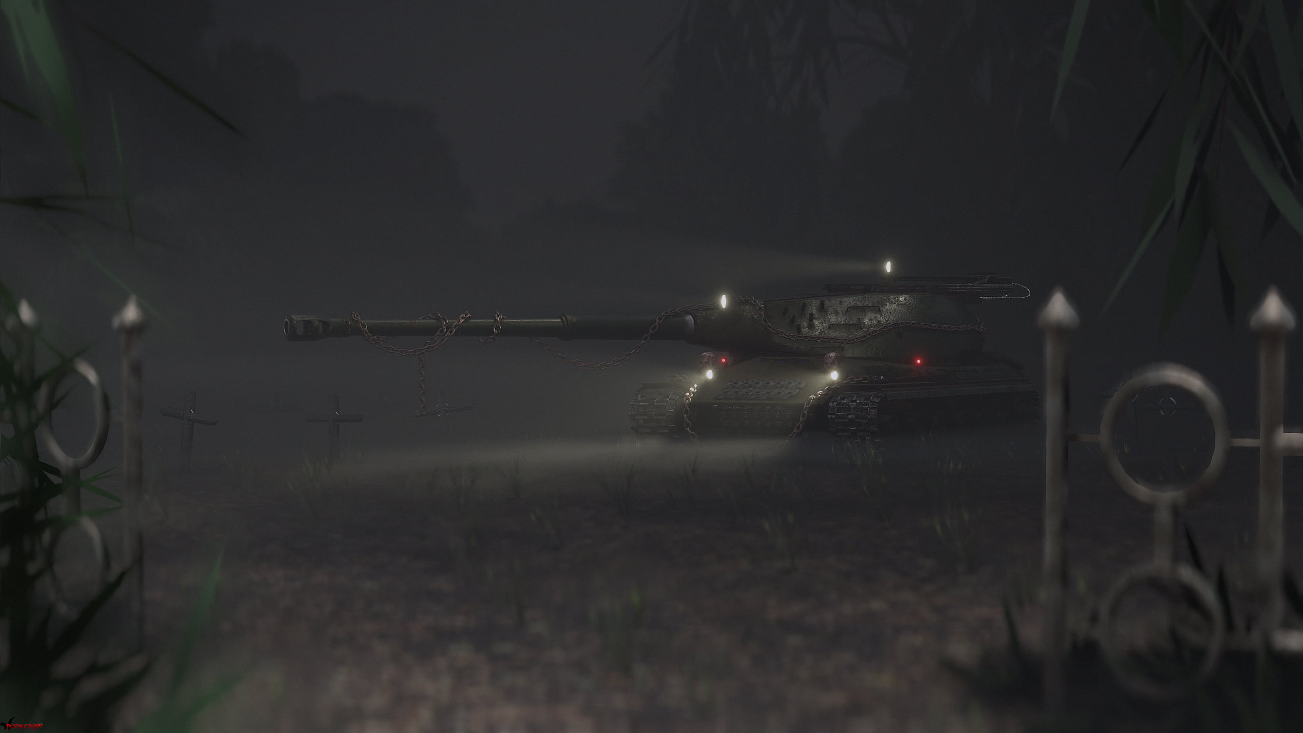 fictional, mist, chains, cross, The Marauder, tank, fence, World War II, forest, lights, rust, dark, graveyards, 2K, 60TP, skull, HD Wallpaper