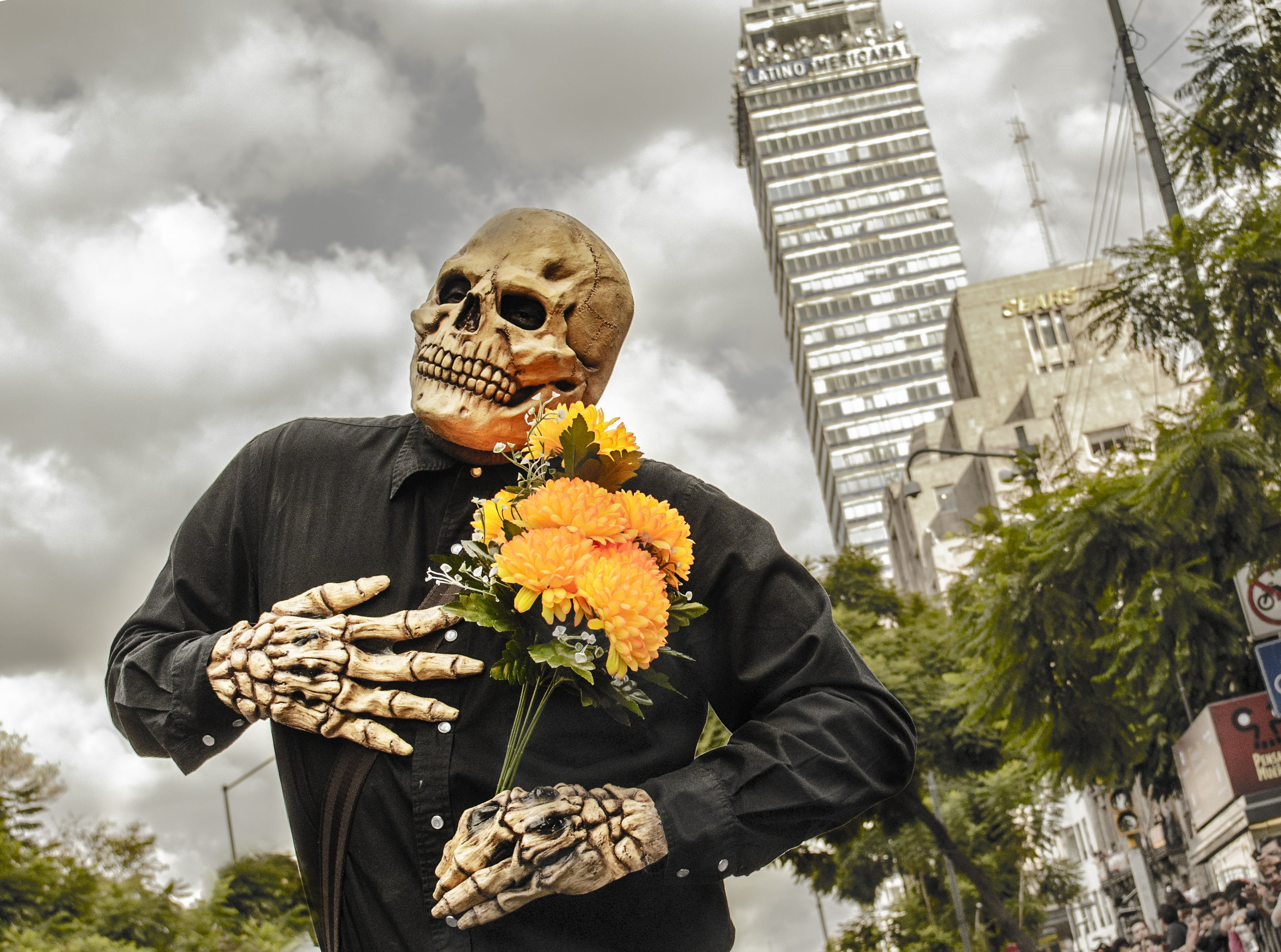 person, diademuertos, flowering plant, architecture, plant, fear, bone, yellow, obscured face, tradition day of the dead, cloud - sky, carnival - celebration event, HD Wallpaper
