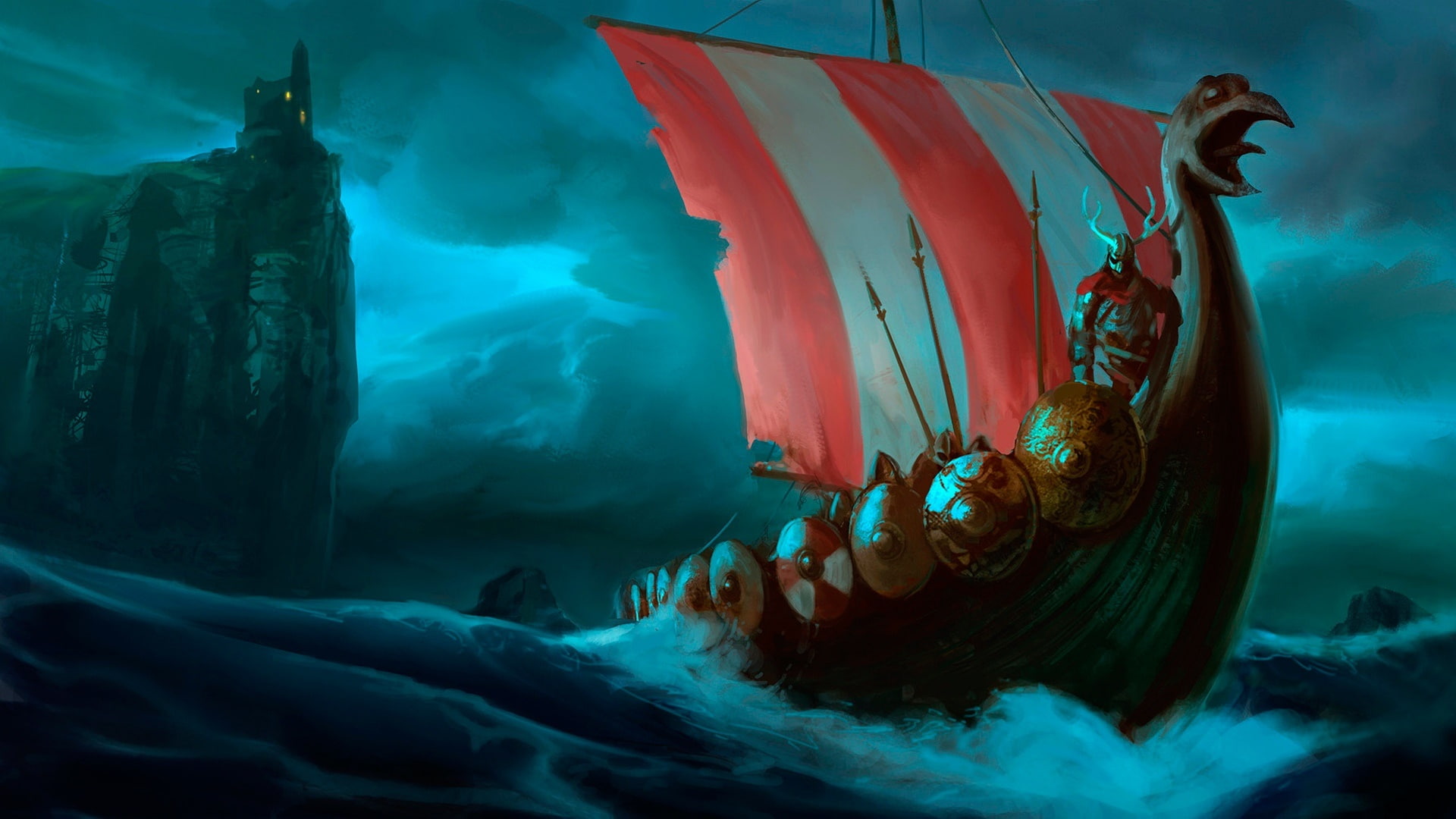 viking, vikings, fantasy art, drakkar, ship, 1080P, HD Wallpaper