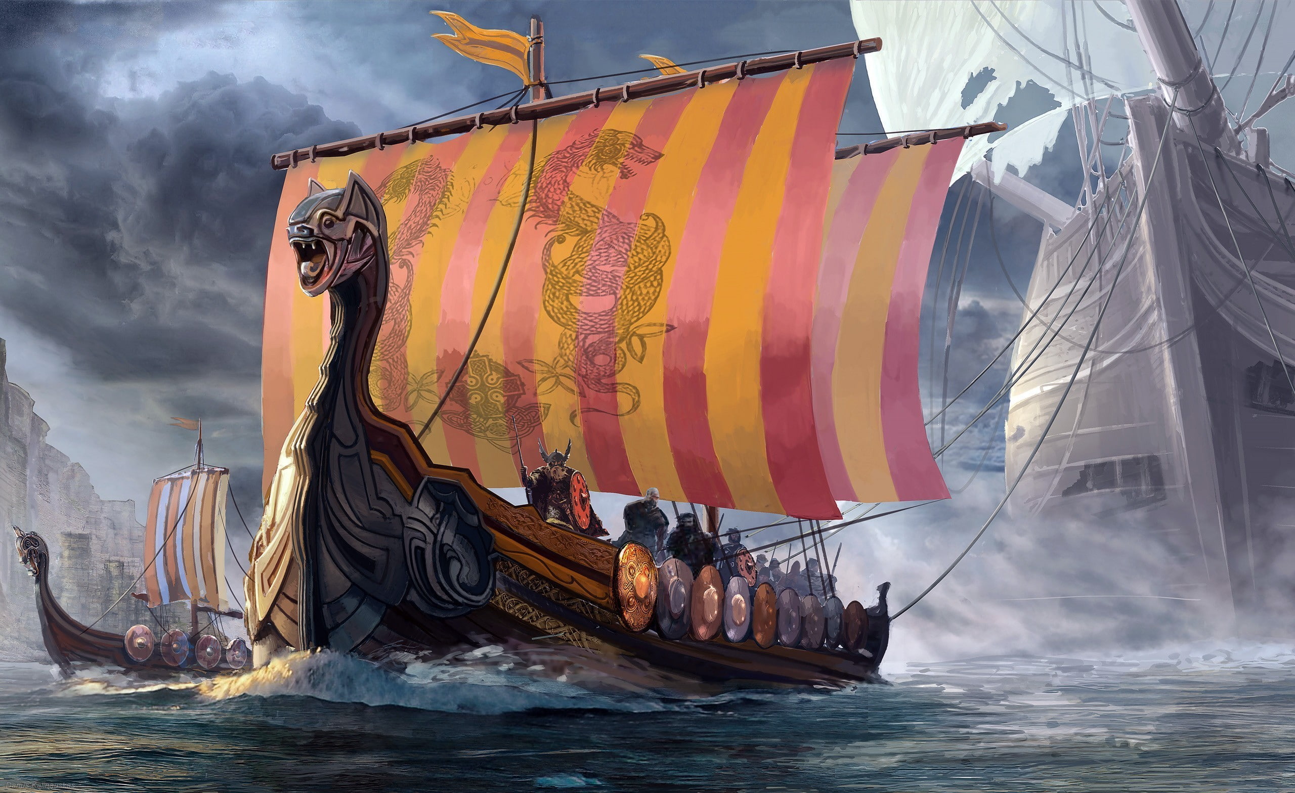 fantasy art, boat, drawing, drakkar, 2K, war, Vikings, HD Wallpaper