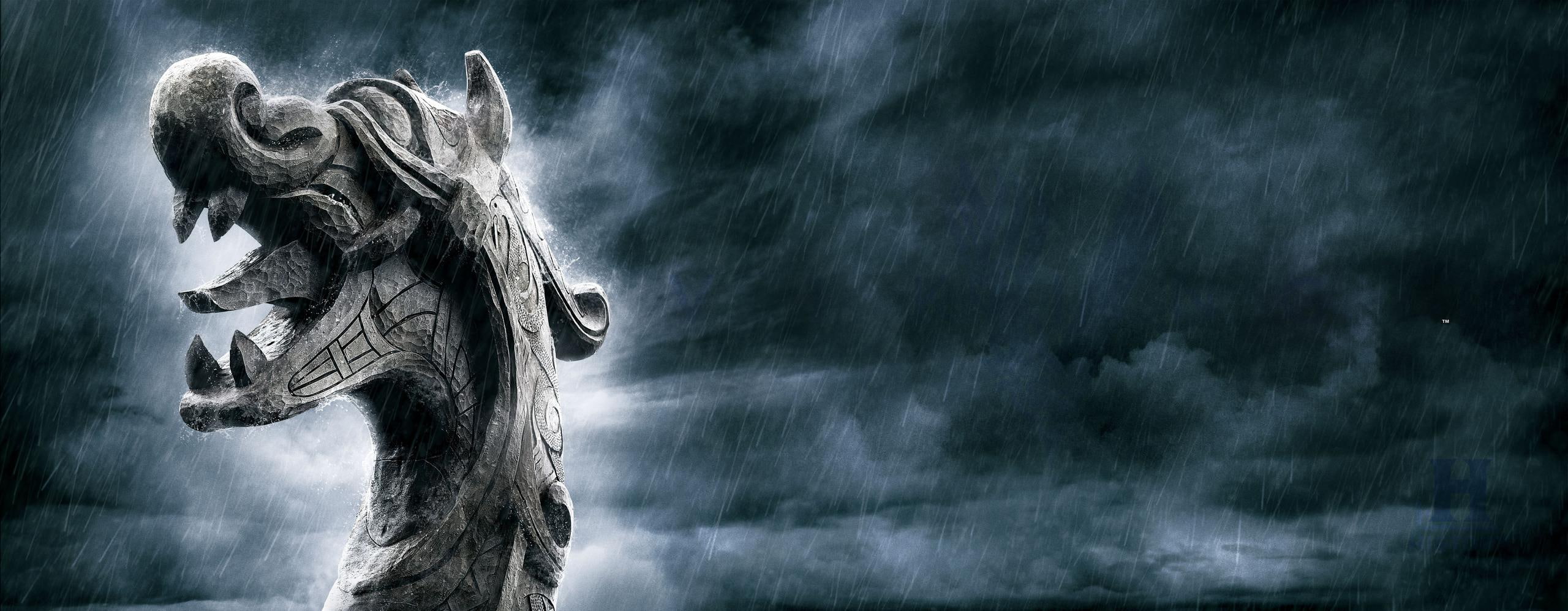 rain, teeth, gray, statue, vikings, tongue, head, concrete, 2K, dragon, drakkar, HD Wallpaper