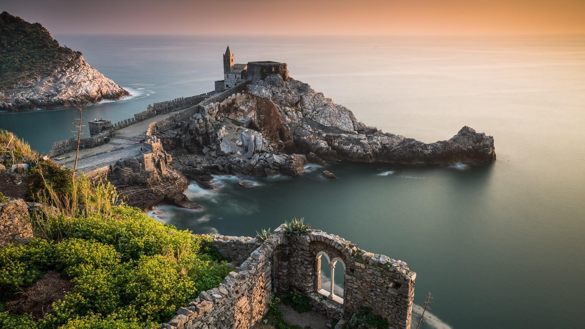 portovenere, church of st. peter, promontory, church of st peter, cape, sea, coast, reflection, church, rock, 1080P, terrain, cliff, landscape, sky, water, HD Wallpaper