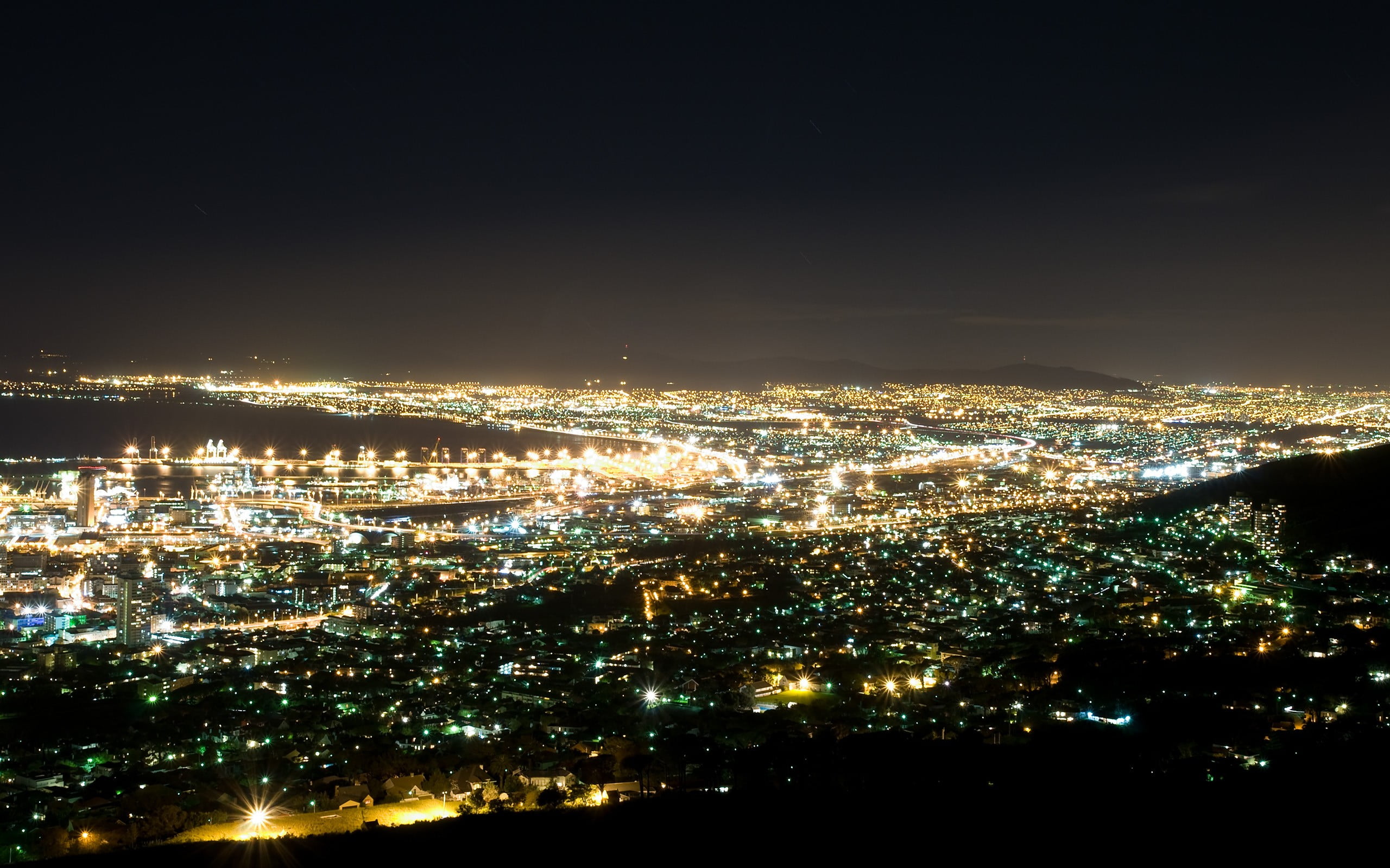 crowd, green, high angle view, water, city, settlement, sea, night, outdoors, aerial view, glowing, South Africa, crowded, sky, built structure, brown, HD Wallpaper