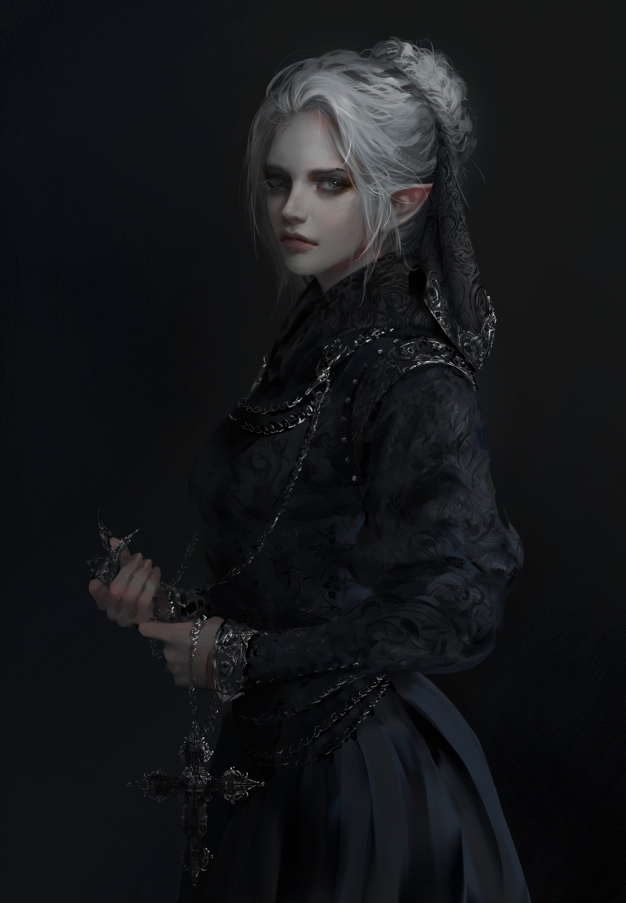 young woman, pointed ears, women, digital painting, black background, Black clothes, vertical, brides, 2K, digital art, white hair, cross, artwork, Nixeu, Phone HD Wallpaper