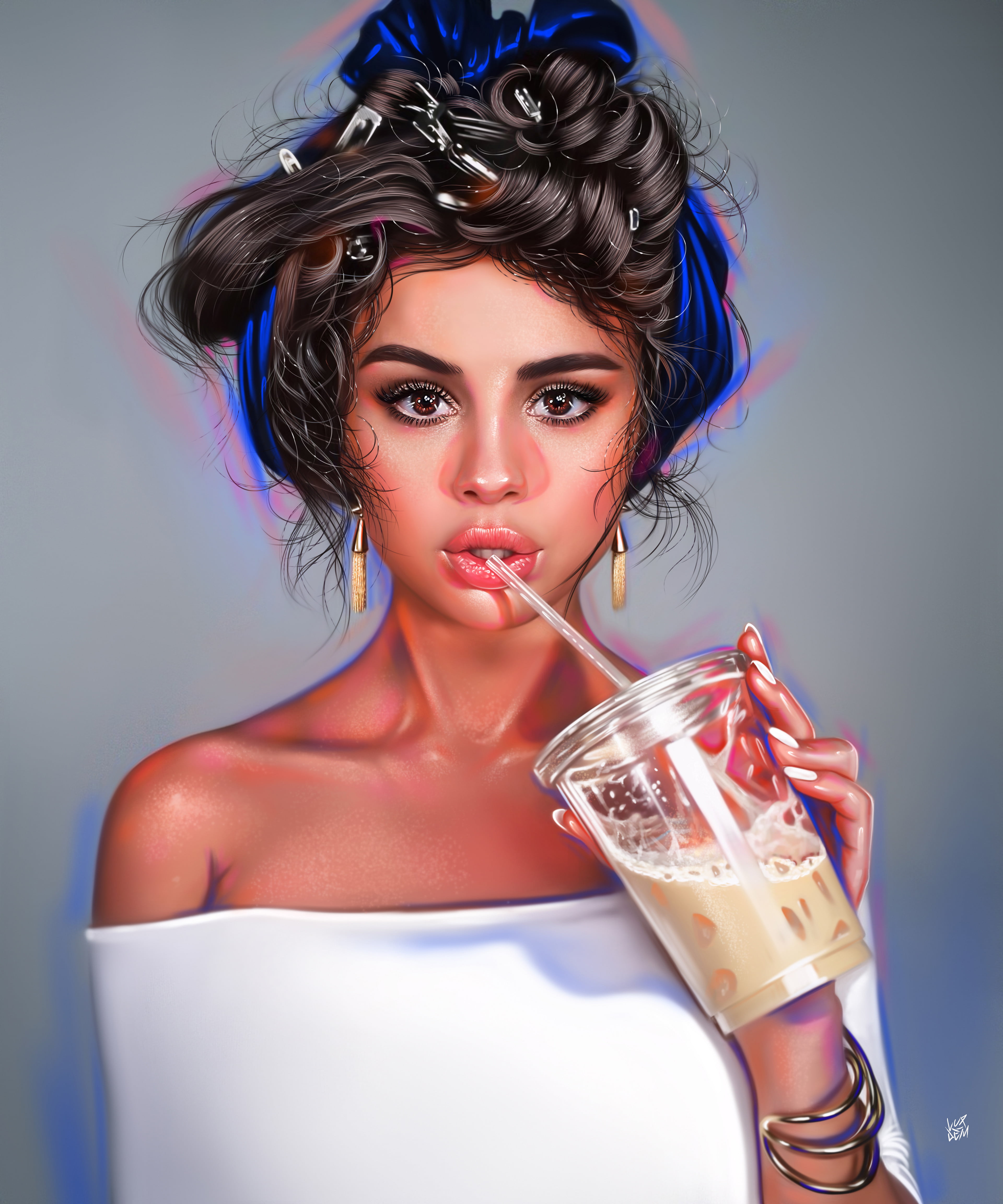 looking at viewer, 4K, portrait display, hair ribbon, white dress, digital art, juicy lips, messy hair, bare shoulders, Yaşar Vurdem, dark hair, red eyes, Phone HD Wallpaper