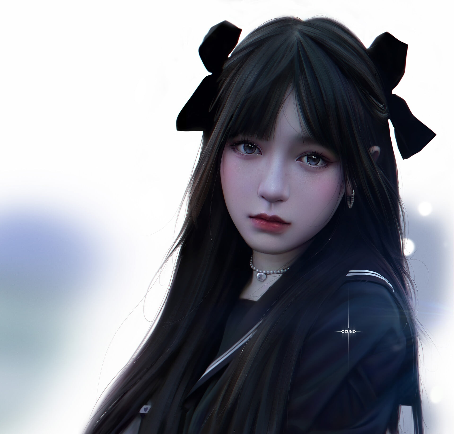 ribbons, ArtStation, 1080P, artwork, freckles, dark hair, portrait, juicy lips, drawing, long hair, ribbon, hair, face, Black Ribbon, hoop earrings, digital art, HD Wallpaper
