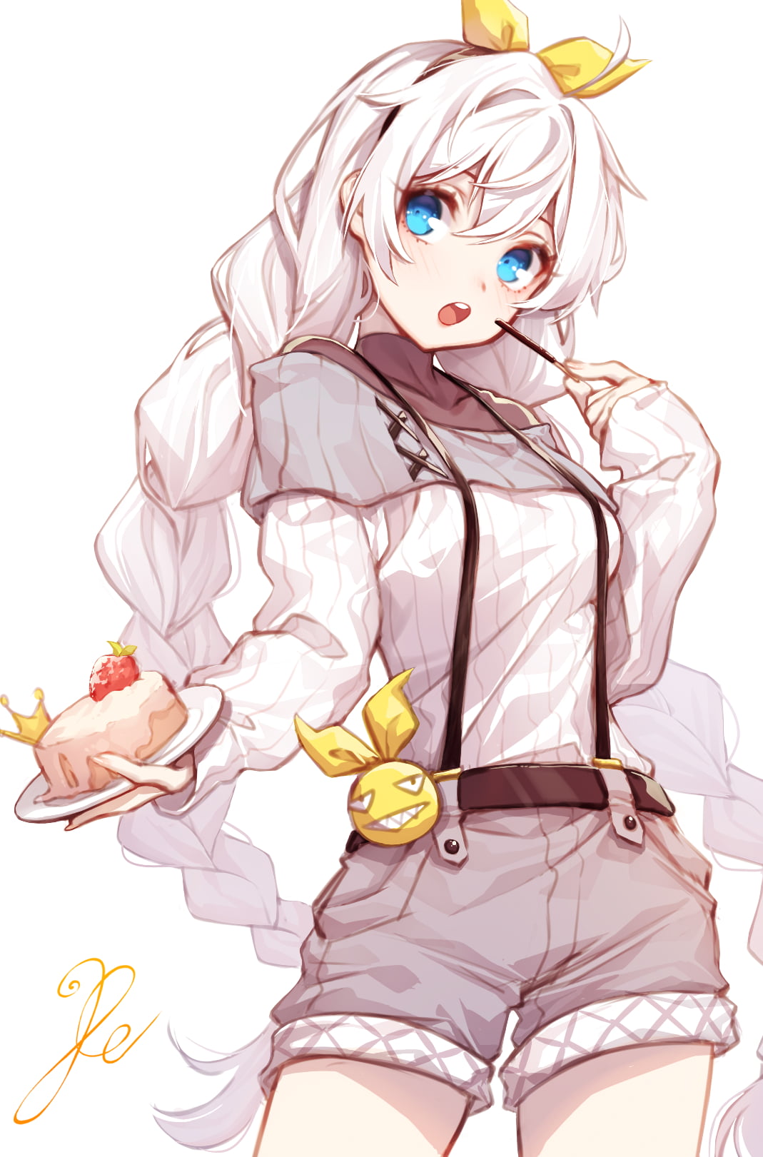 white hair, 720P, simple background, artwork, long hair, anime girls eating, food, blue eyes, digital art, anime girls, portrait display, open mouth, short pants, Phone HD Wallpaper