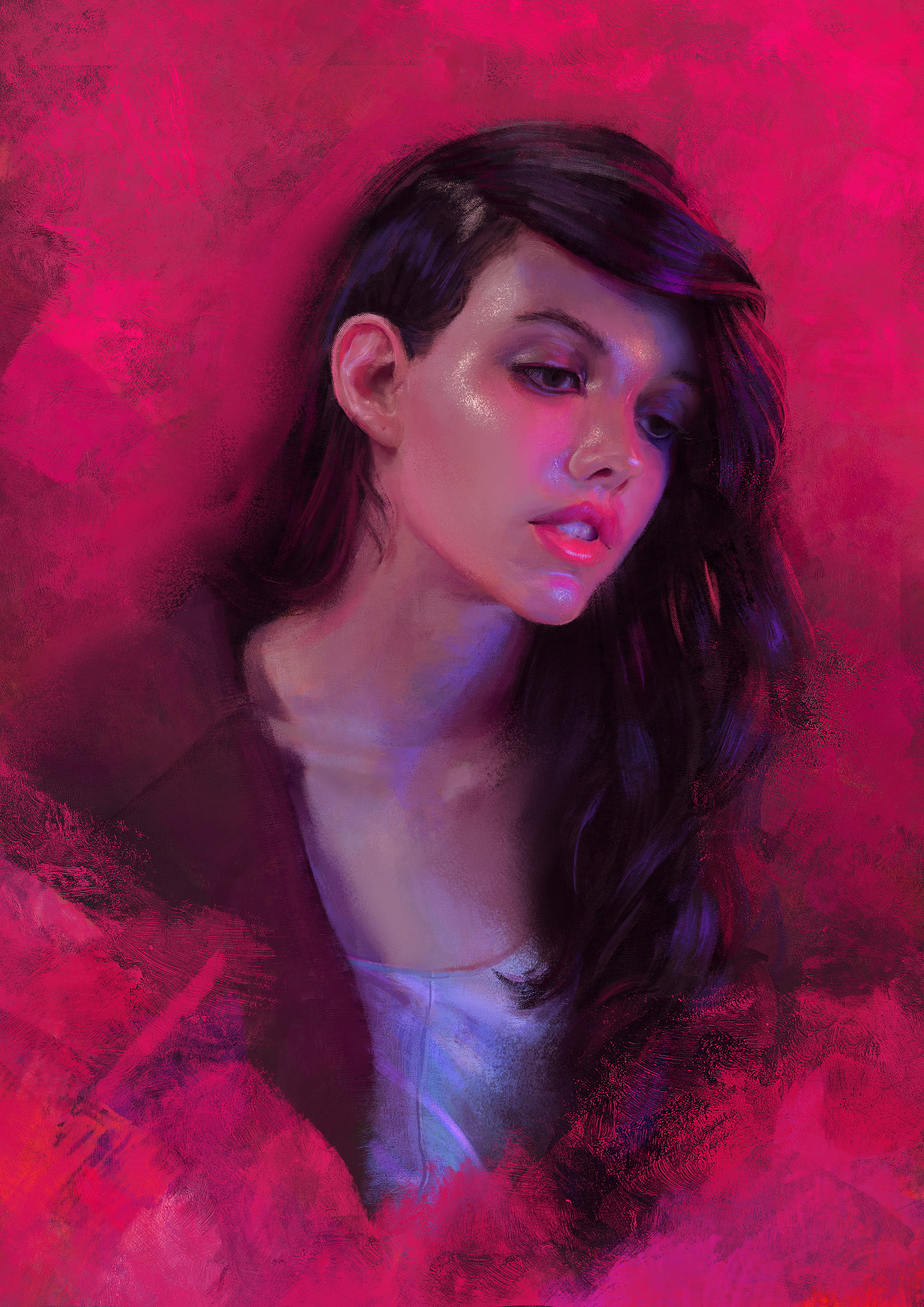 portrait, Mandy Jurgens, digital painting, looking below, black hair, shiny, 2K, dark hair, young woman, ArtStation, lip gloss, lipstick, portrait display, Phone HD Wallpaper