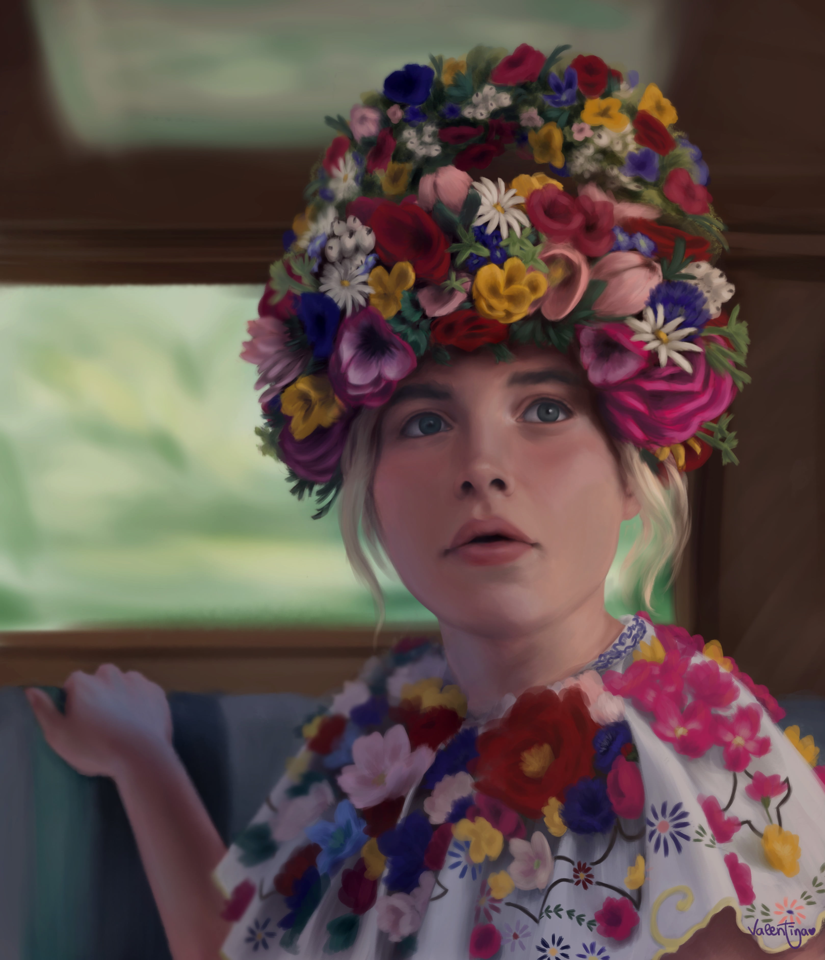 Valentina Tavolilla, looking into the distance, digital art, blue eyes, flower crown, flower dress, women, portrait, digital painting, blonde, portrait display, Phone HD Wallpaper
