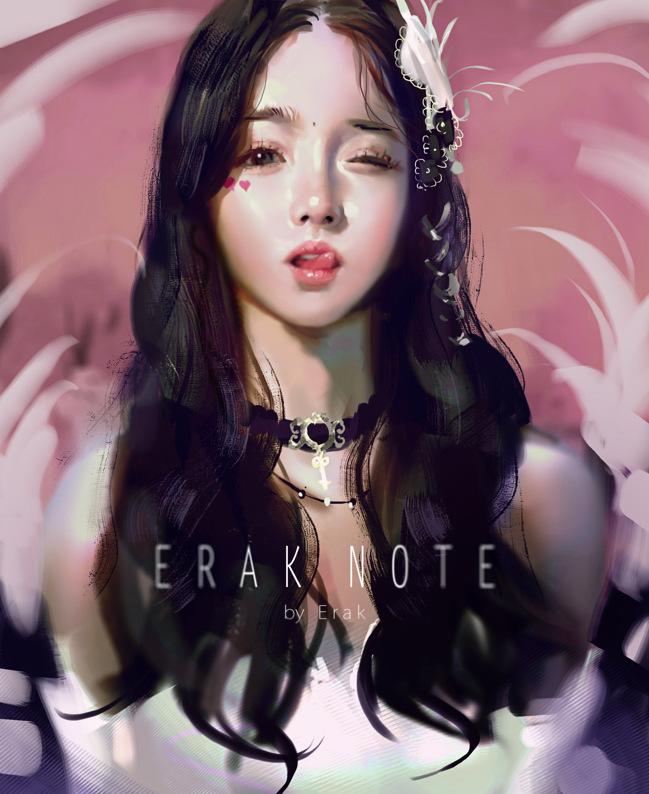 one eye closed, 2K, portrait display, ArtStation, digital painting, artwork, Erak note, Asian, looking at viewer, digital art, long hair, women, dark hair, Phone HD Wallpaper